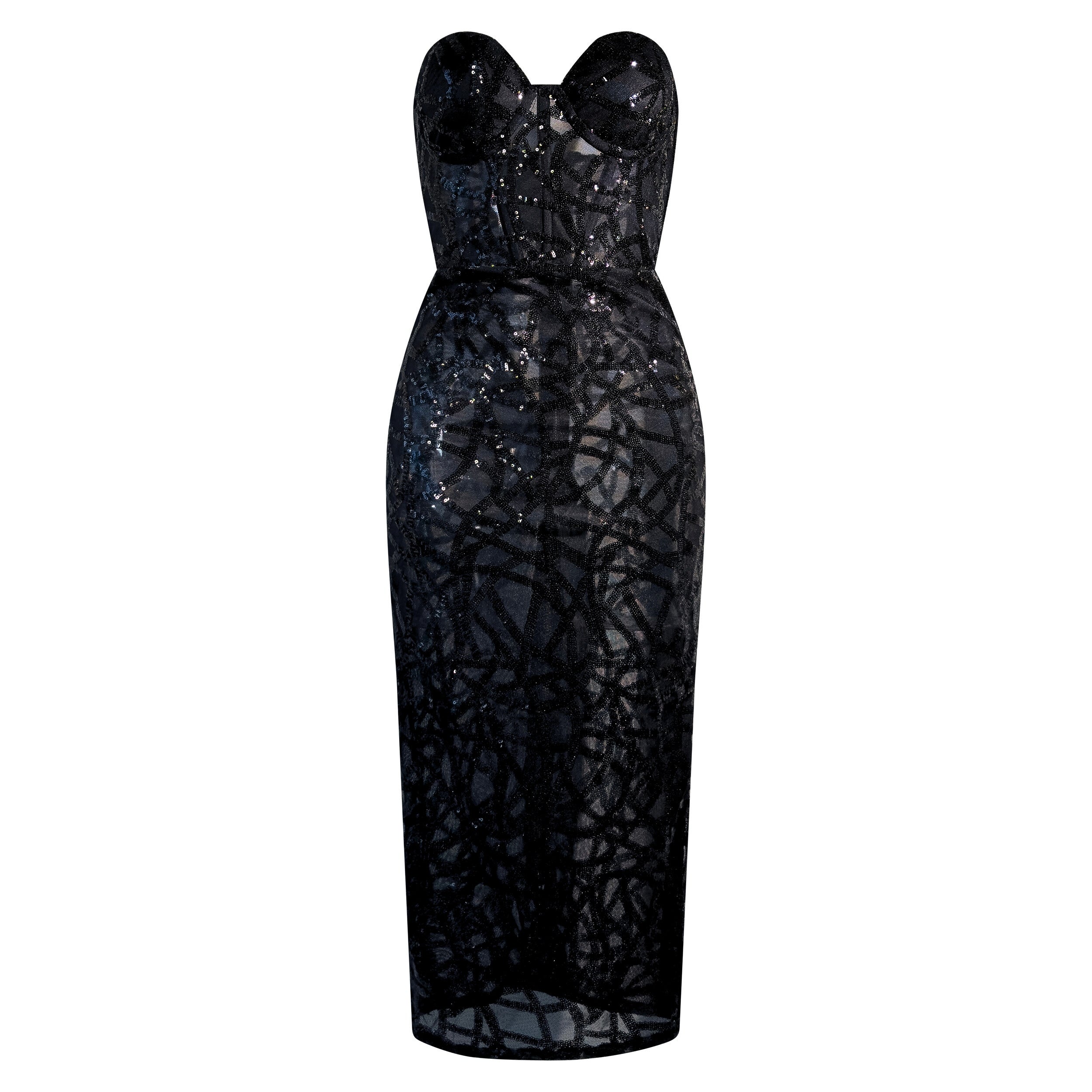 The Allure sheer embellished corset midi dress with black micro-sequins and exposed back zipper. Made-to-order in Miami for cocktail and black-tie occasions - INAMORE