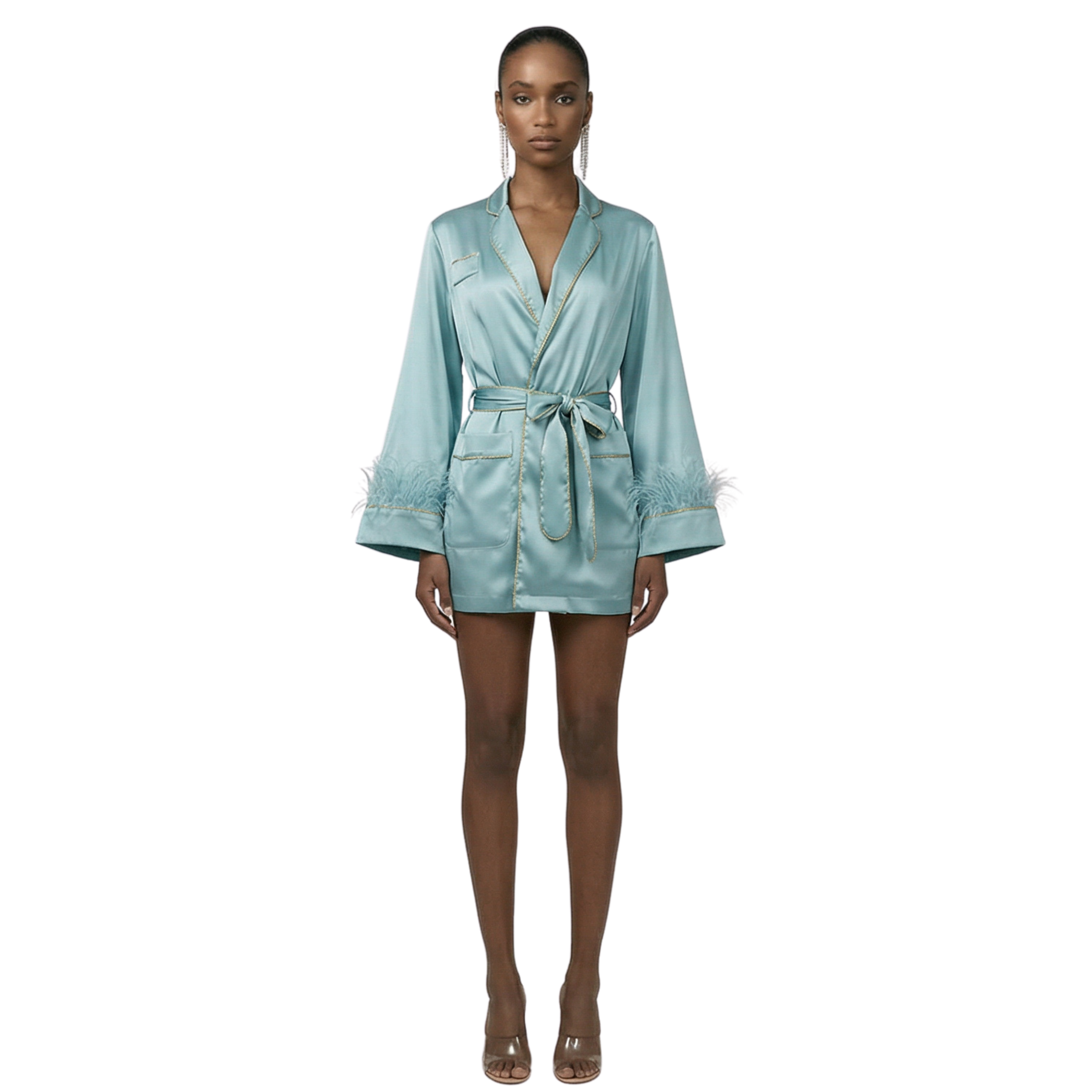Belize Satin Robe with Feathers - INAMORE