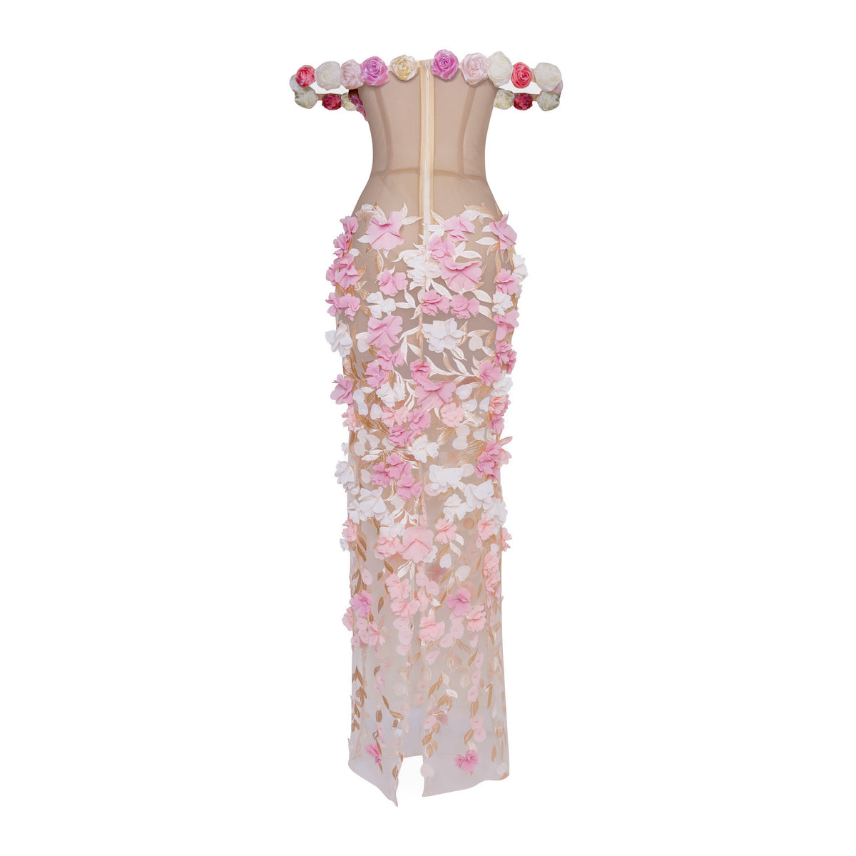 The Bloom sheer corset gown with 3D floral appliqué, nude illusion pink flower dress, made-to-order in Miami