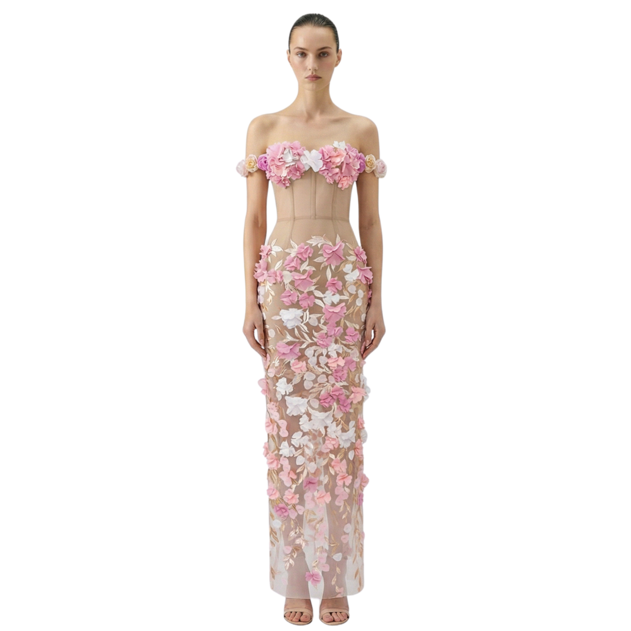 The Bloom sheer corset gown with 3D floral appliqué, nude illusion pink flower dress