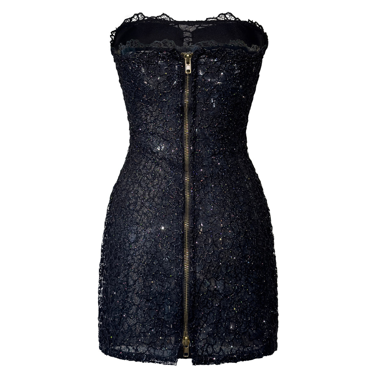 The Candy sheer guipure lace strapless mini dress with glitter accents, INAMORE body-forming cut, and full back zipper. Made-to-order in Miami for cocktail parties and night-out occasions.
