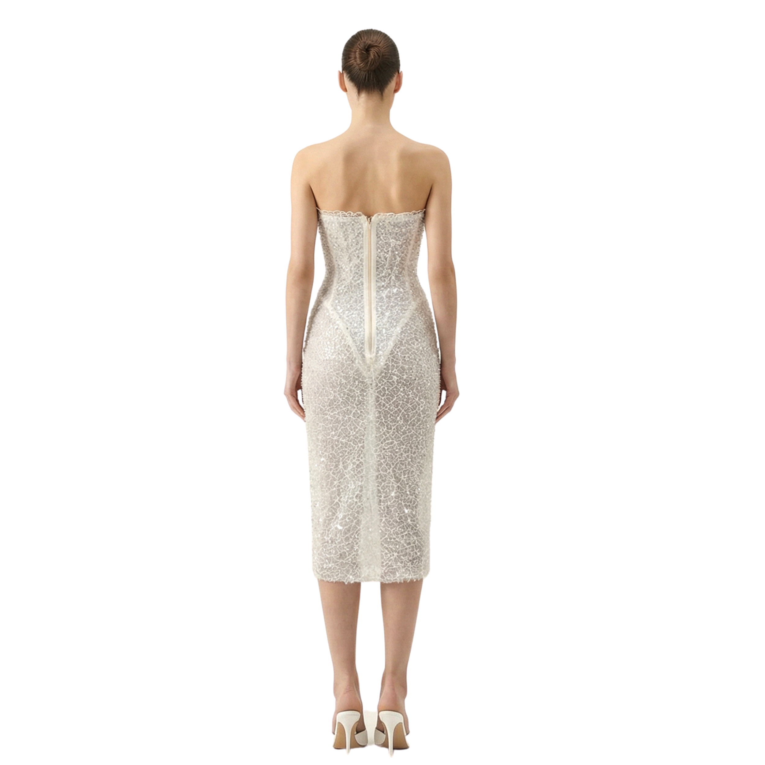 ÉCUME embellished sheer corset midi dress with lace, sequins, and built-in corset bodysuit. Made-to-order in Miami for bridal or evening wear - INAMORE