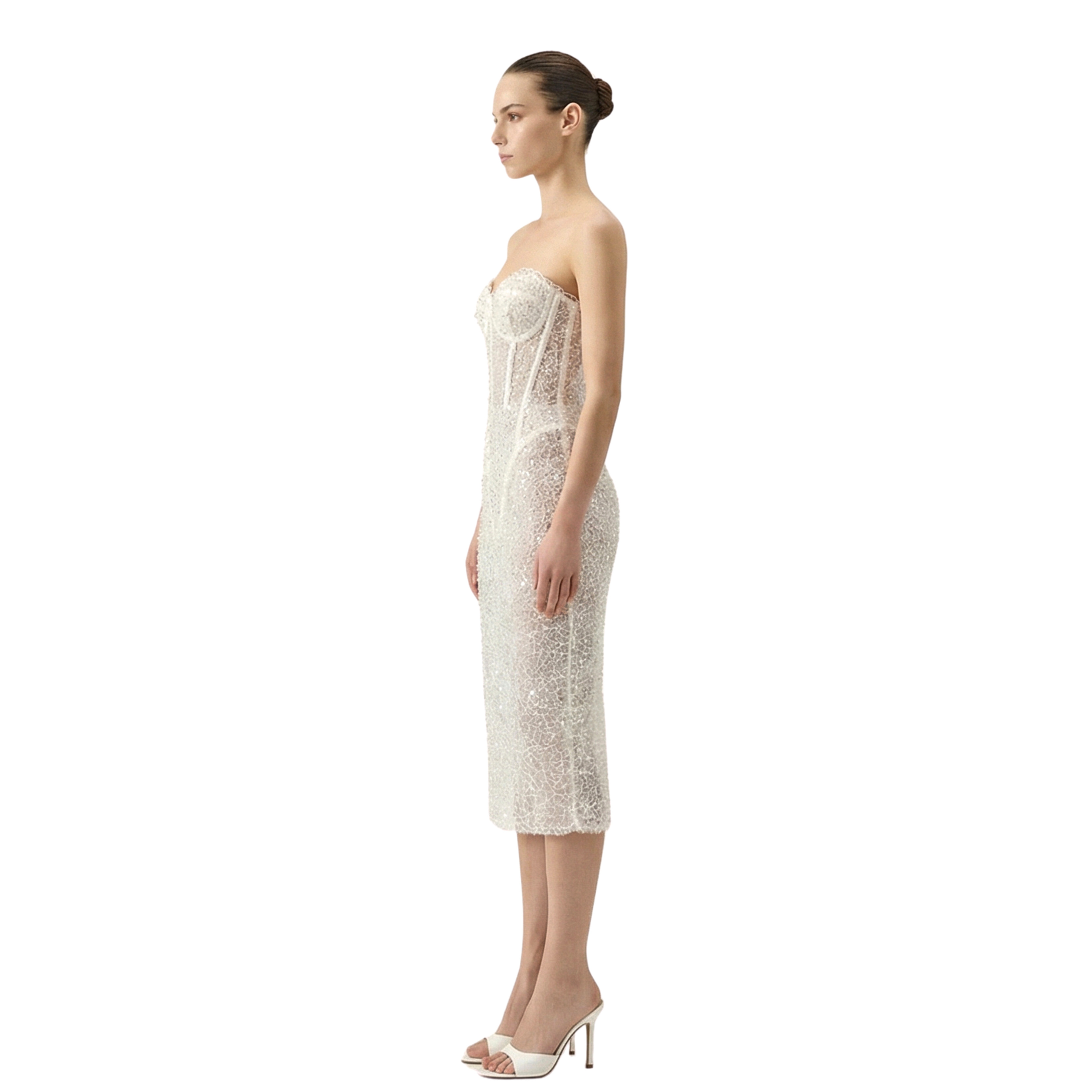 ÉCUME embellished sheer corset midi dress with lace, sequins, and built-in corset bodysuit. Made-to-order in Miami for bridal or evening wear - INAMORE