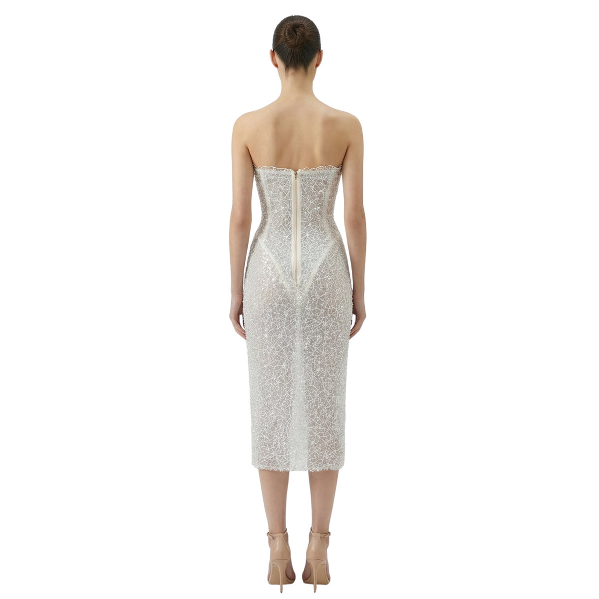 ÉCUME embellished sheer corset midi dress with lace, sequins, and built-in corset bodysuit. Made-to-order in Miami for bridal or evening wear - INAMORE