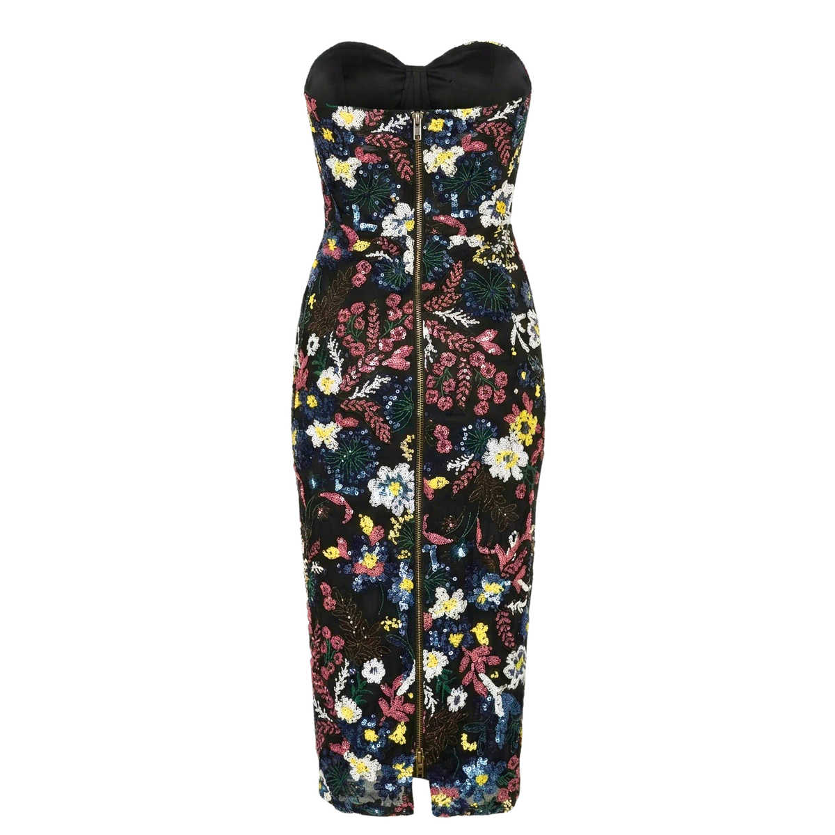 Jardin Noir Strapless Floral Sequin Corset Midi Dress - INAMORE