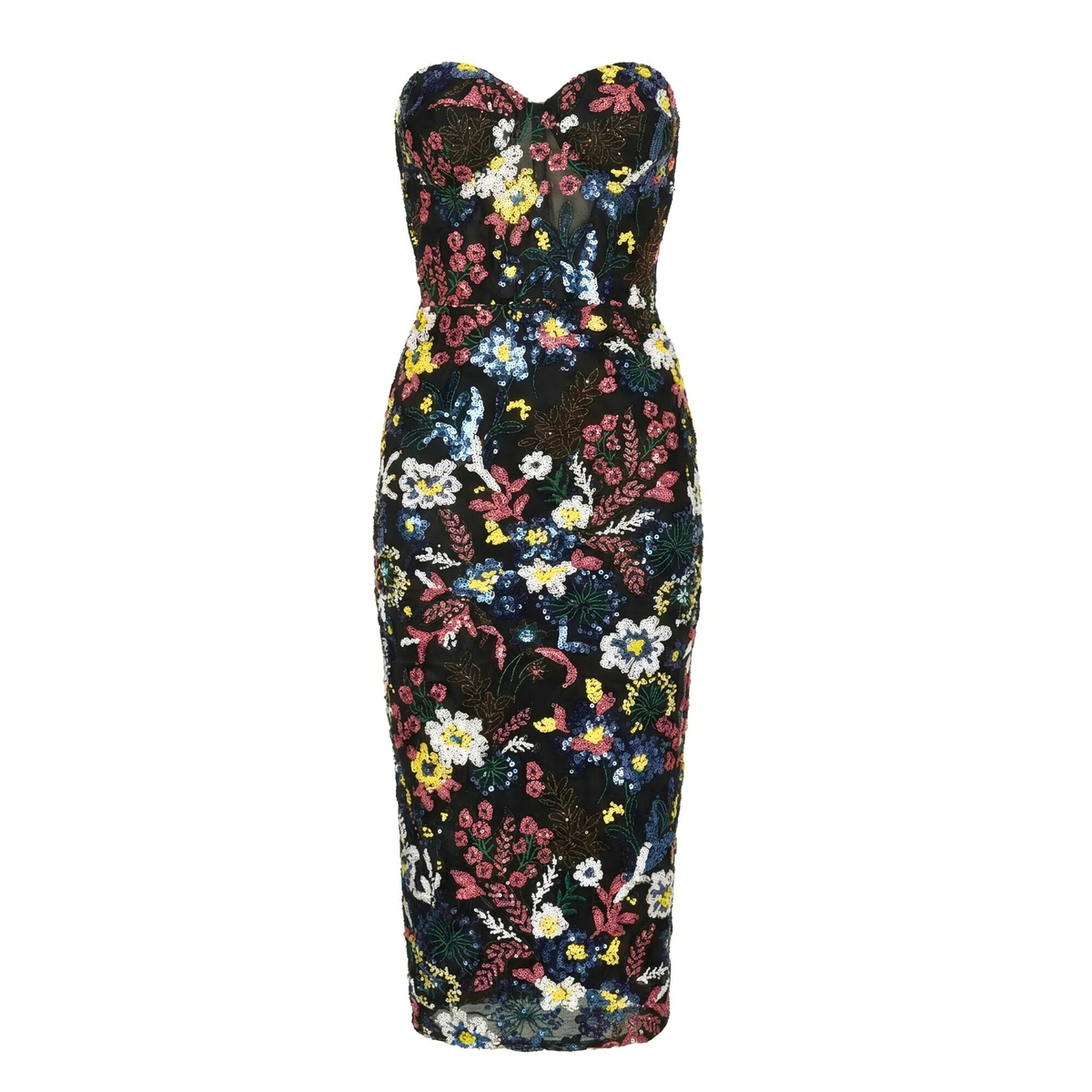 Jardin Noir Strapless Floral Sequin Corset Midi Dress - INAMORE