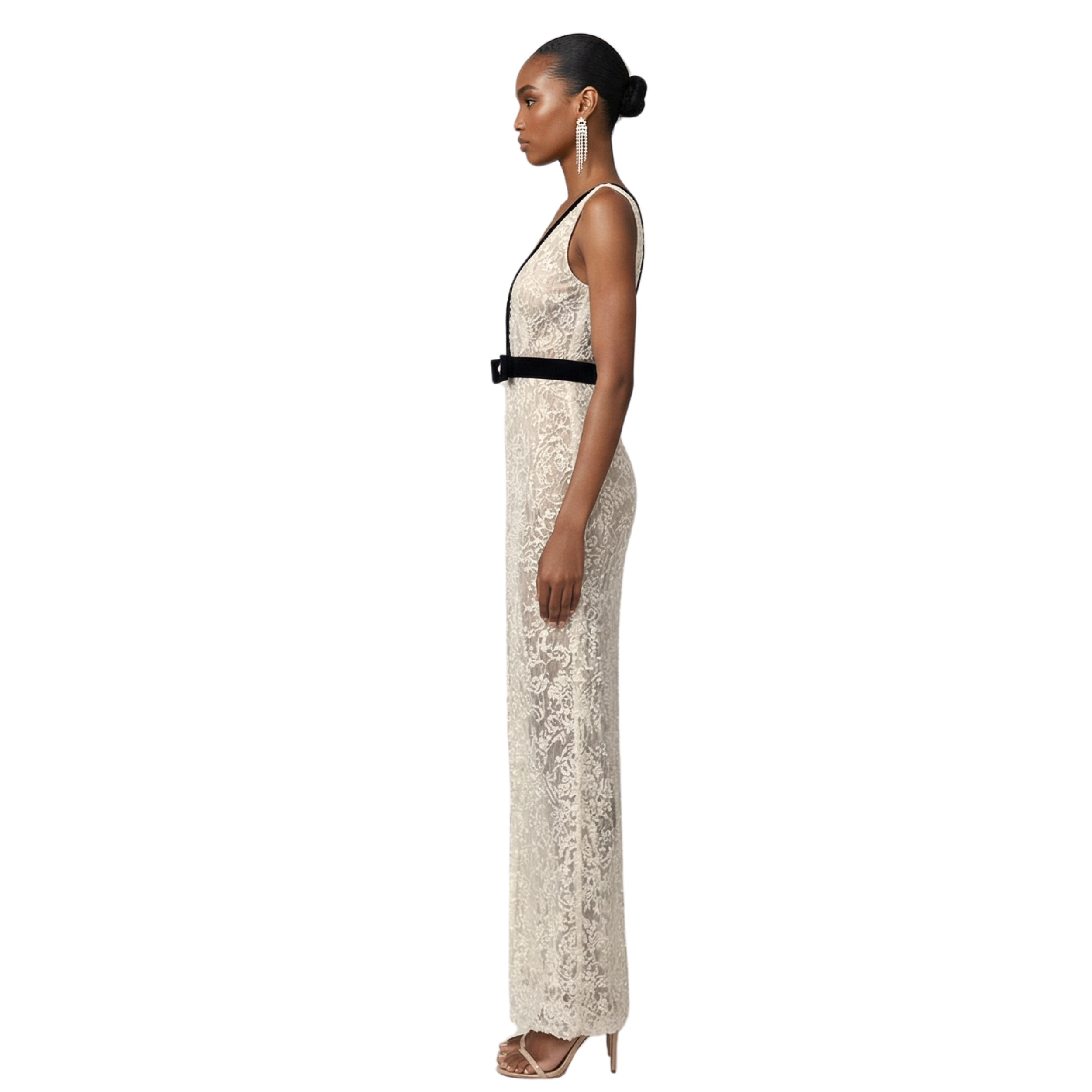 Fleur de Grace Gown – textured ivory lace plunge evening gown with velvet bow at waist