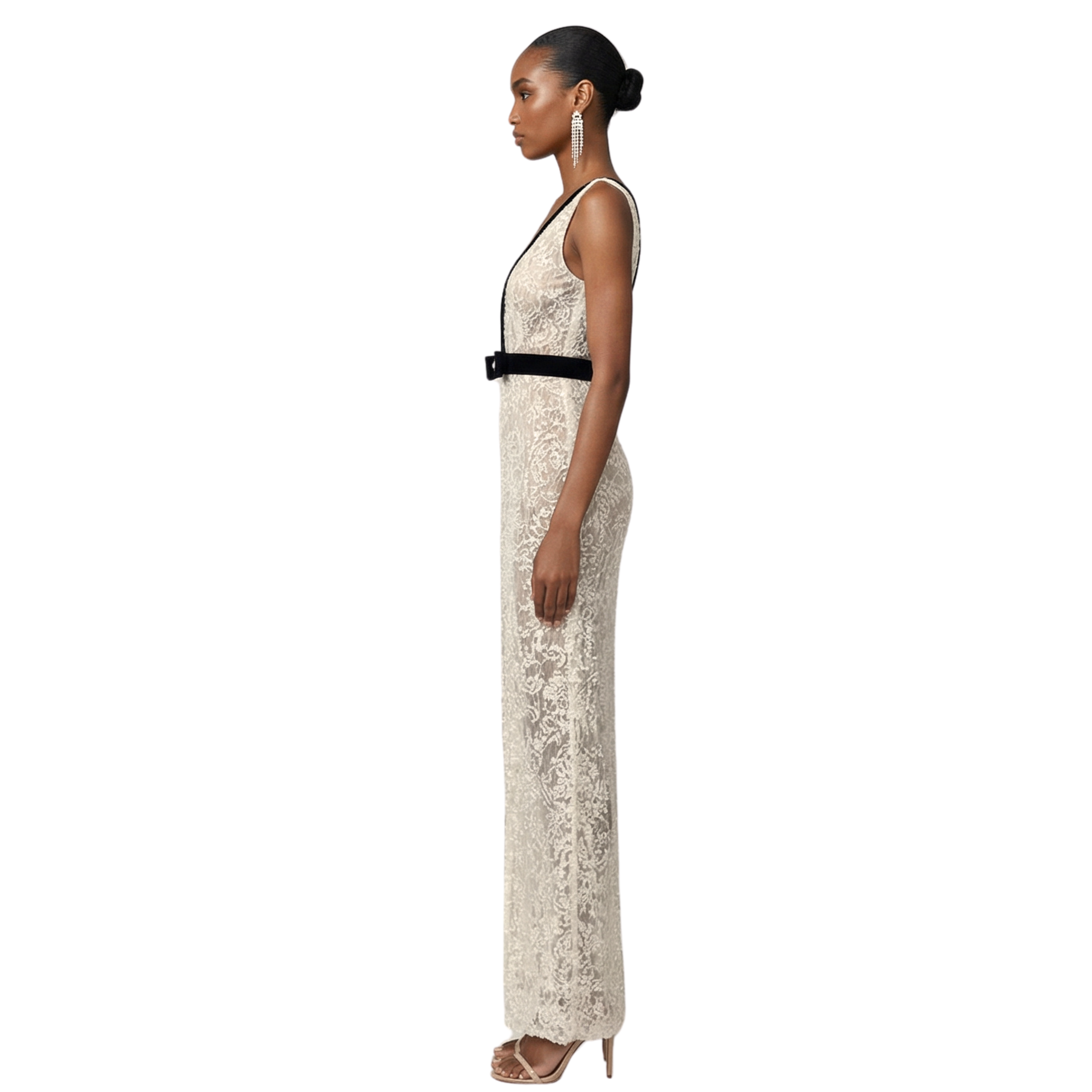 Fleur de Grace Gown – textured ivory lace plunge evening gown with velvet bow at waist