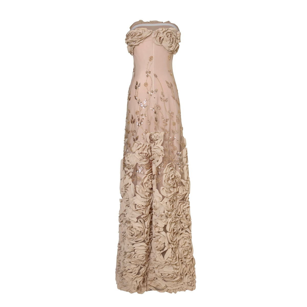 Fleur du Champagne strapless champagne gown with floral embroidery and rosettes | INAMORE