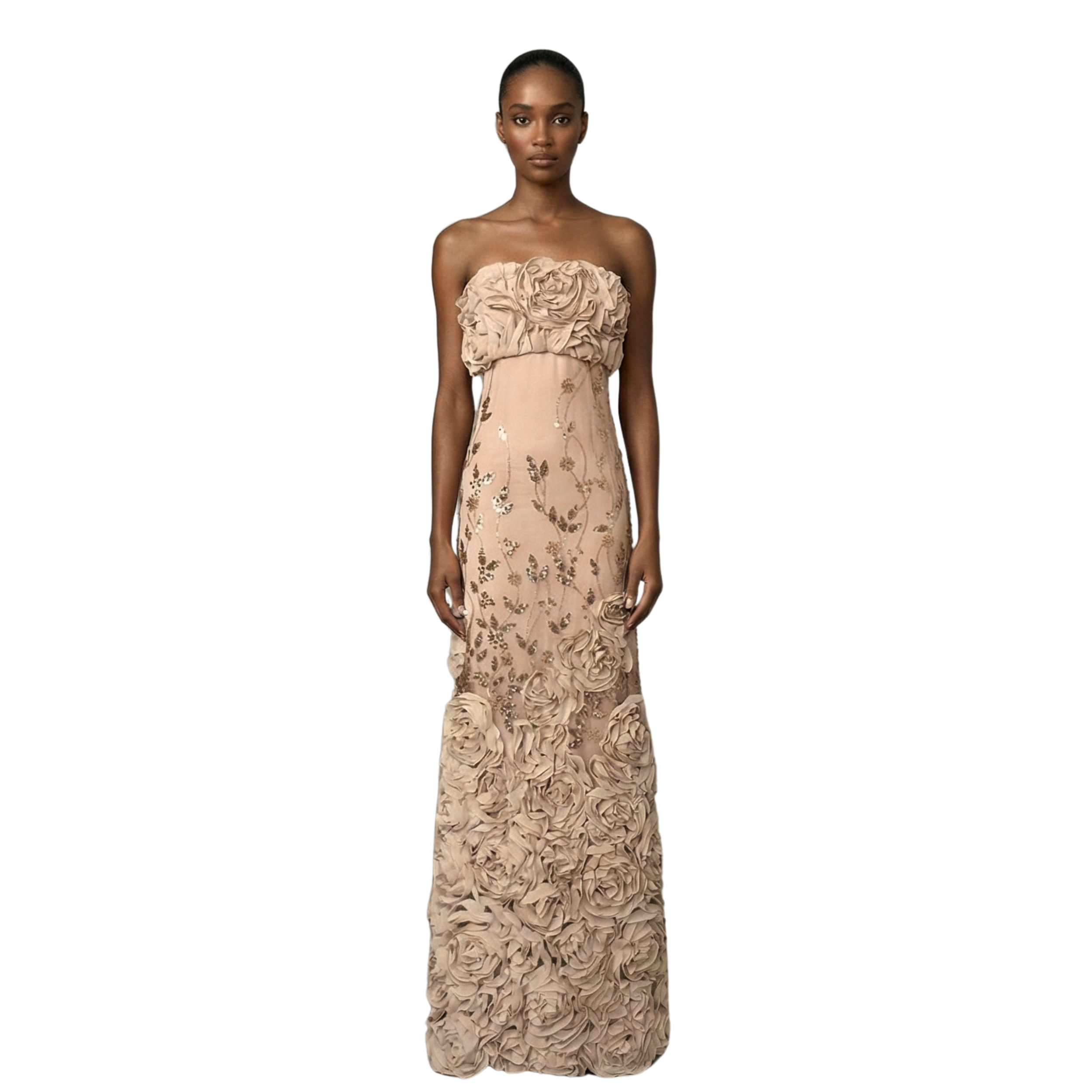 Fleur du Champagne strapless champagne gown with floral embroidery and rosettes | INAMORE