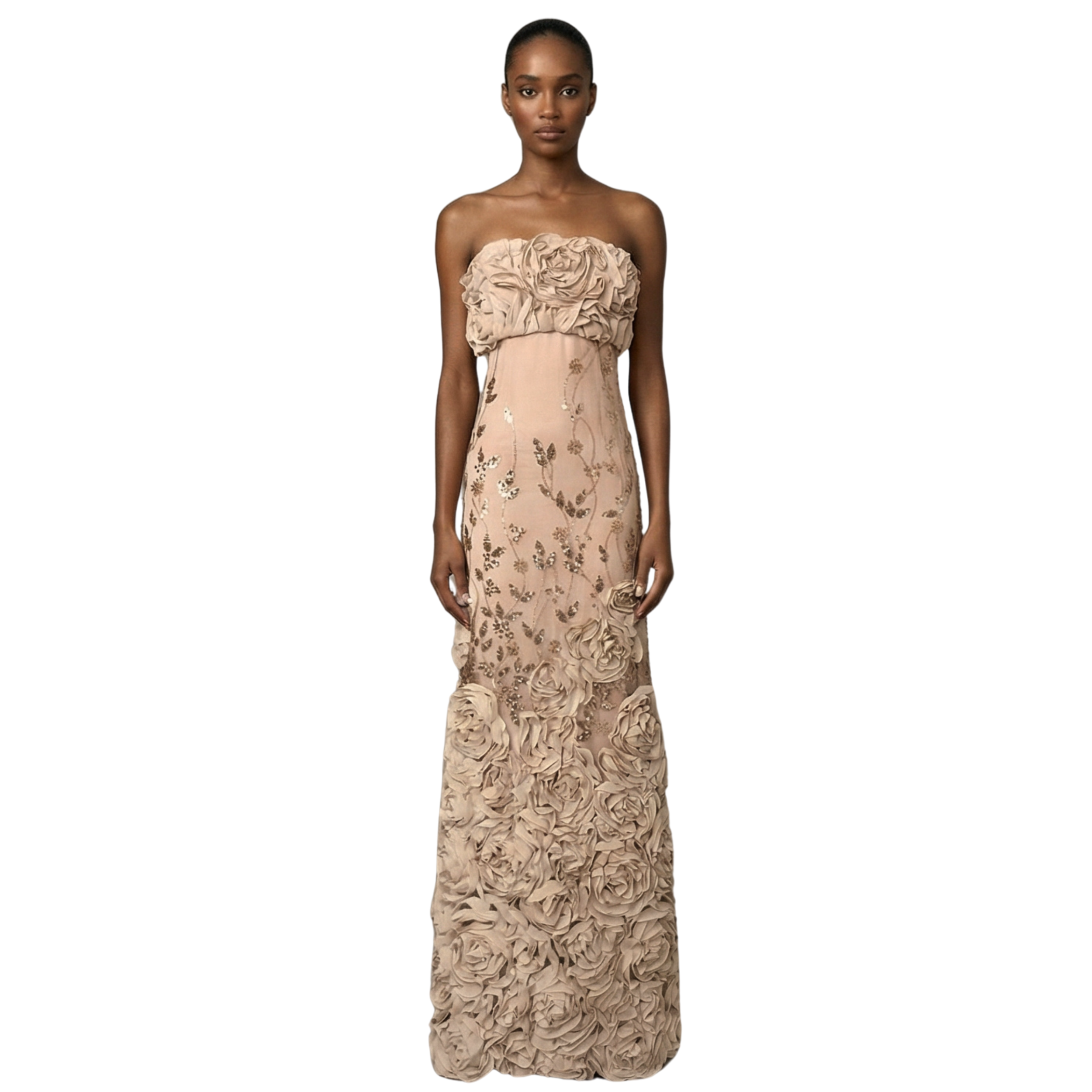 Fleur du Champagne strapless champagne gown with floral embroidery and rosettes | INAMORE