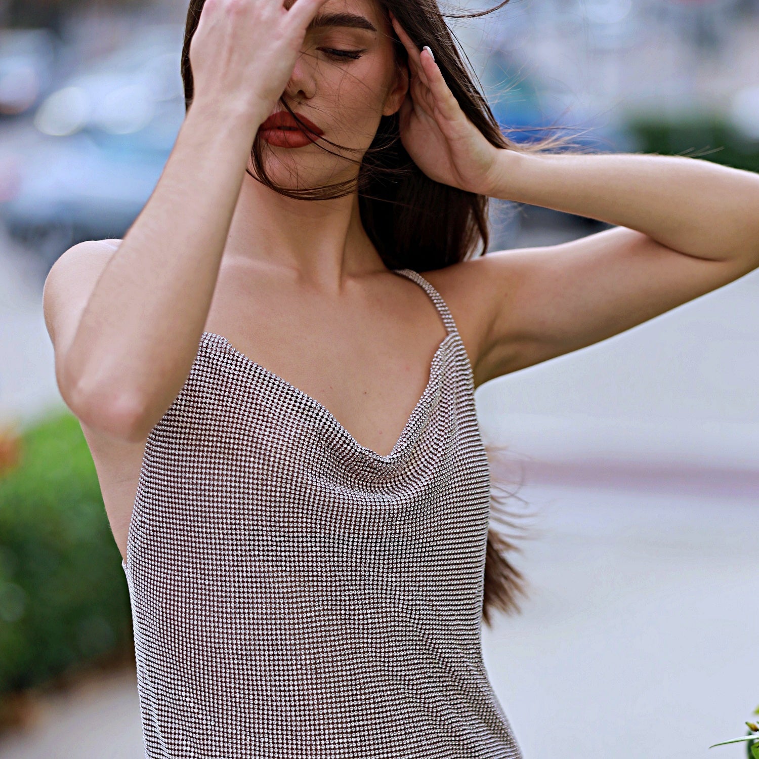 Soleil Rhinestone Open Back Dress- INAMORE