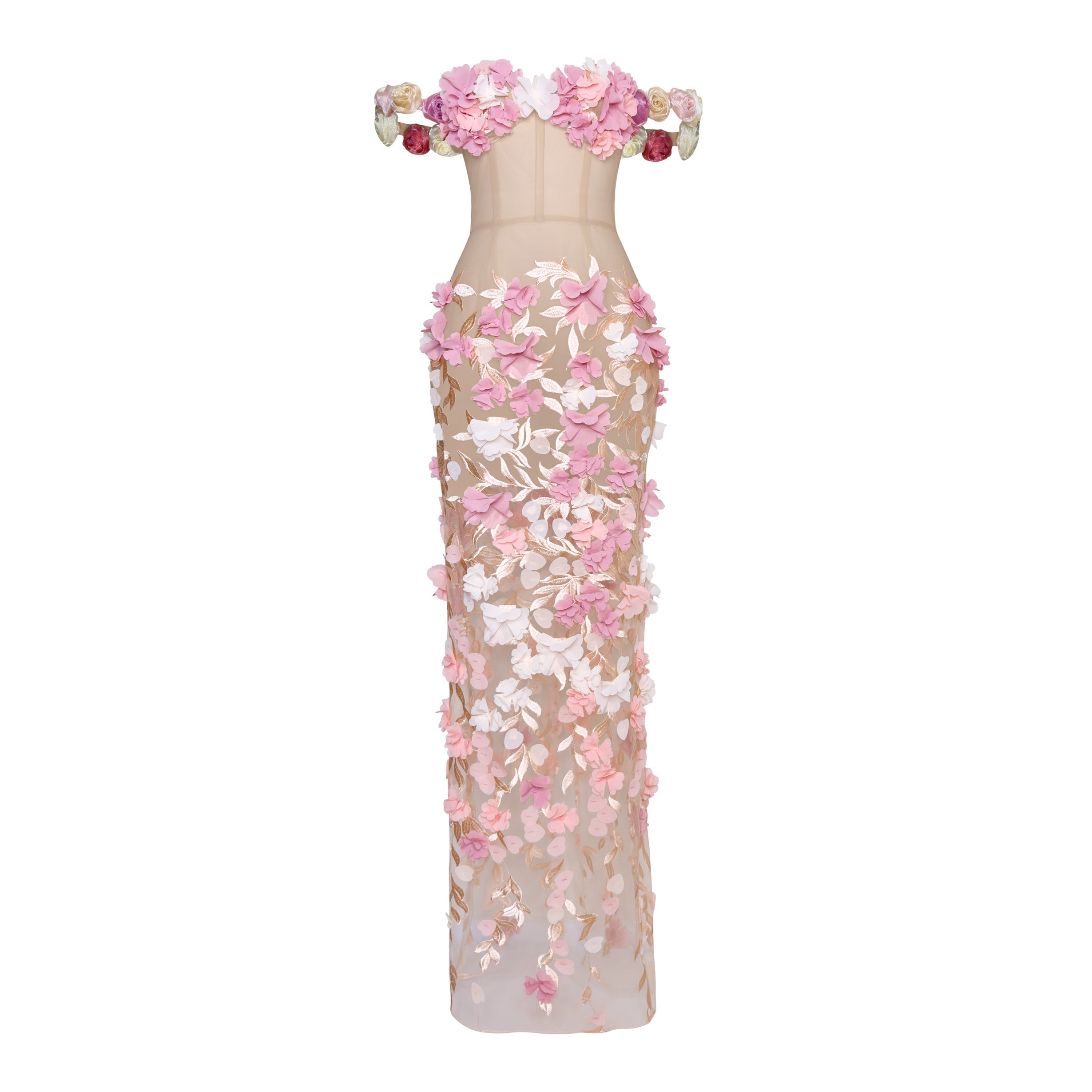 The Bloom sheer corset gown with 3D floral appliqué, nude illusion pink flower dress, made-to-order in Miami