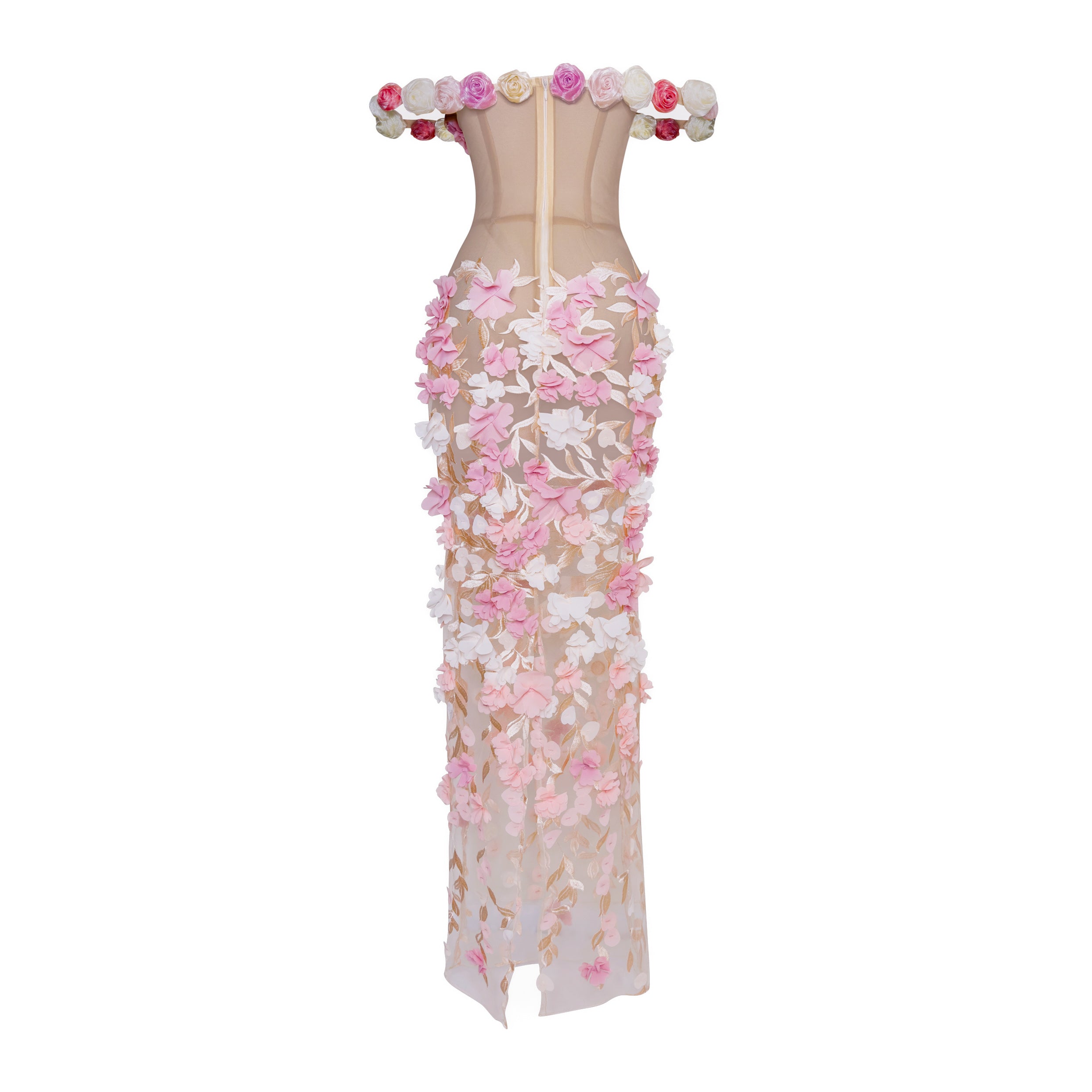 The Bloom sheer corset gown with 3D floral appliqué, nude illusion pink flower dress, made-to-order in Miami
