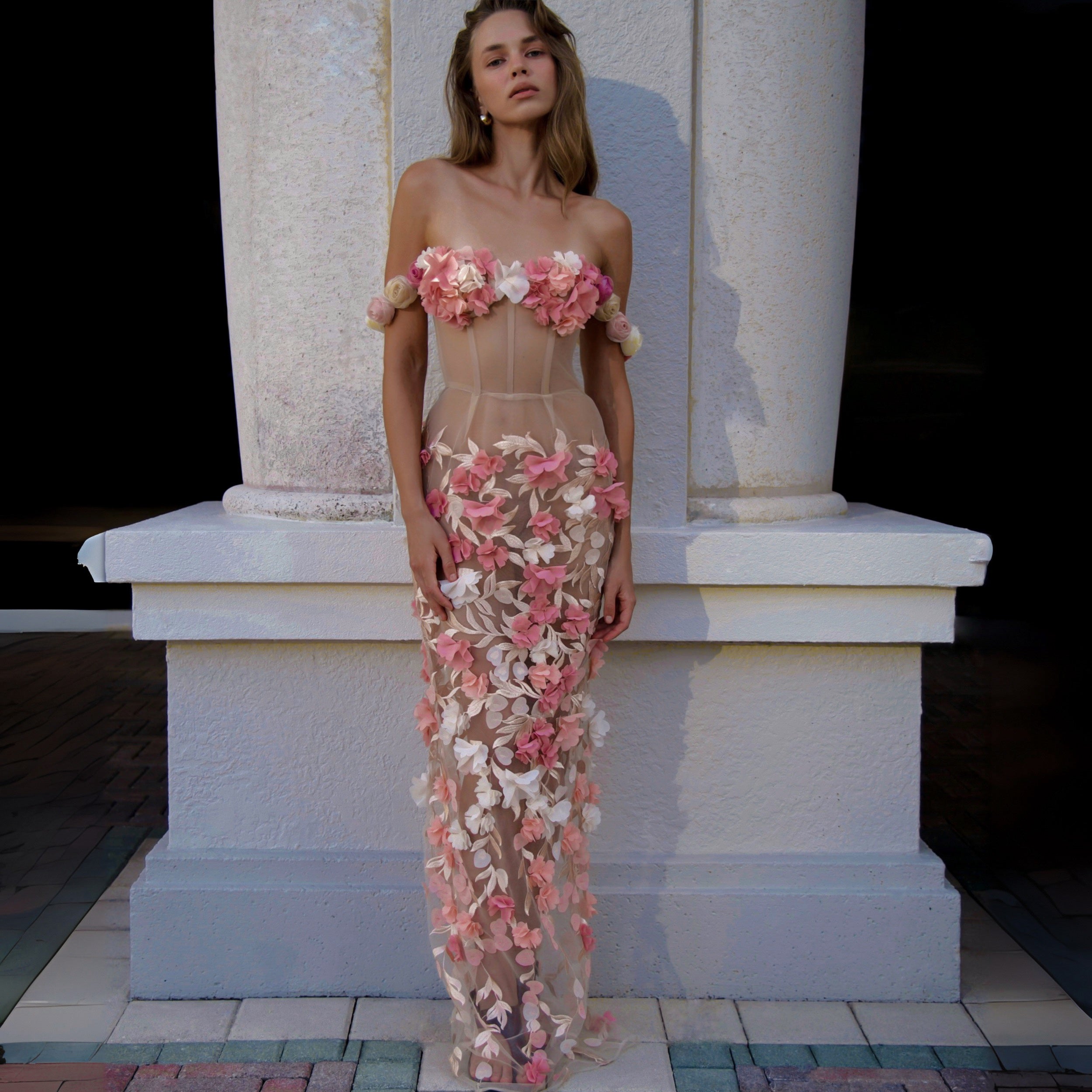 The Bloom Sheer Corset Gown with 3D Floral Appliqué