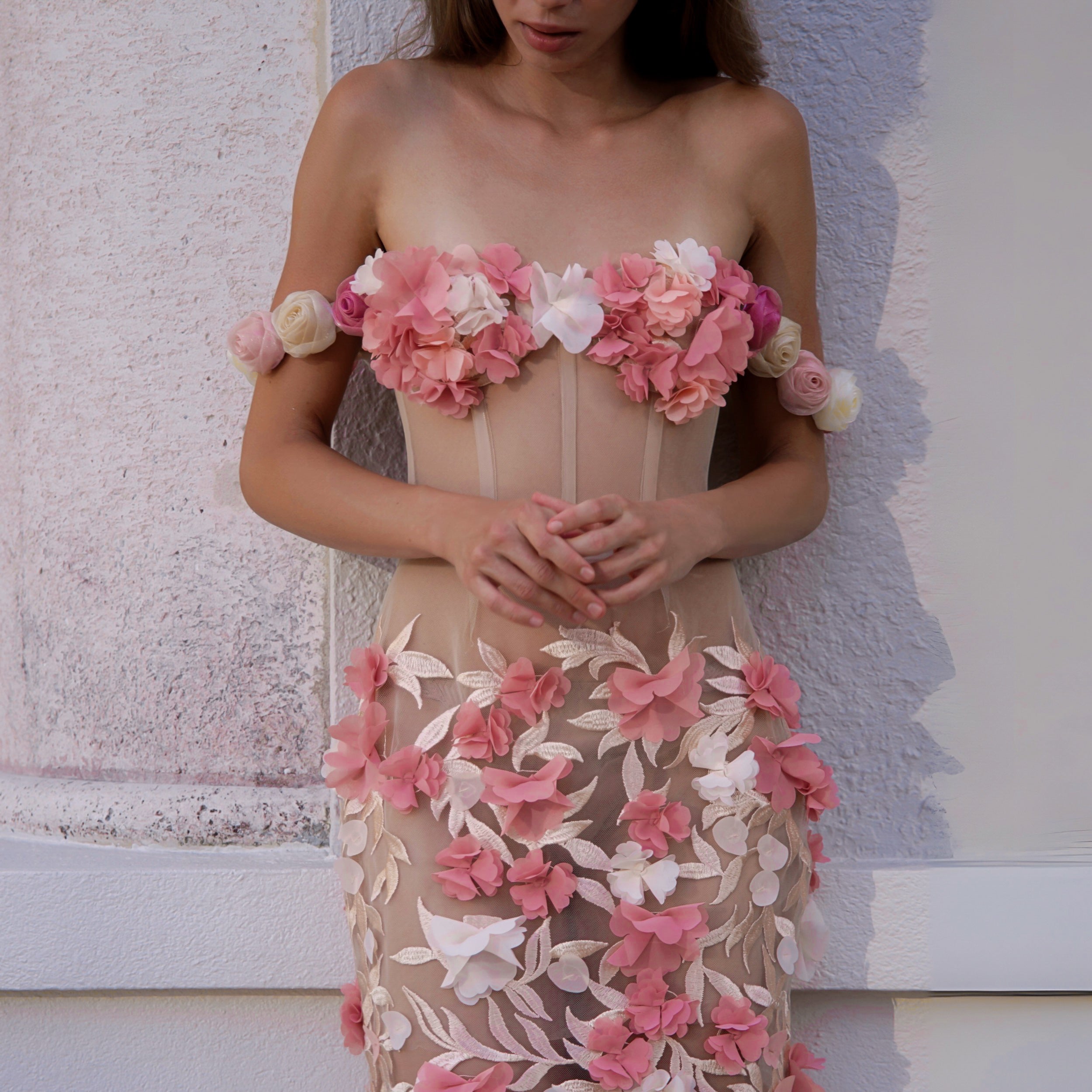 The Bloom Sheer Corset Gown with 3D Floral Appliqué