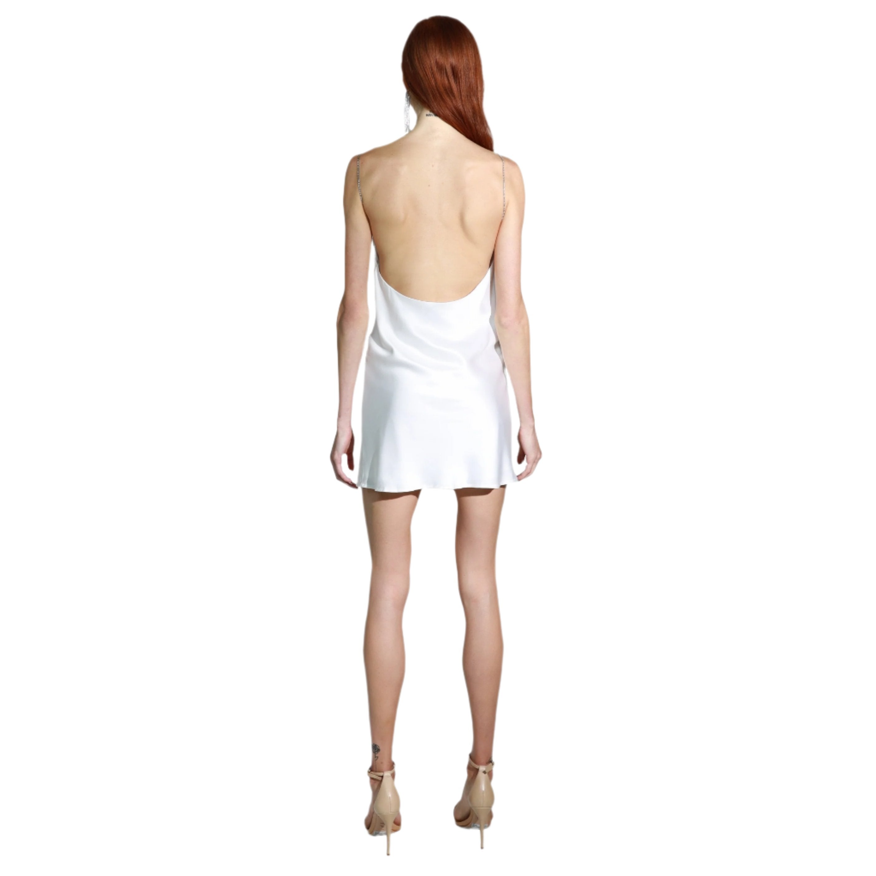 Silk mini dress with cowl neckline, crystal straps, and low-cut back | INAMORE