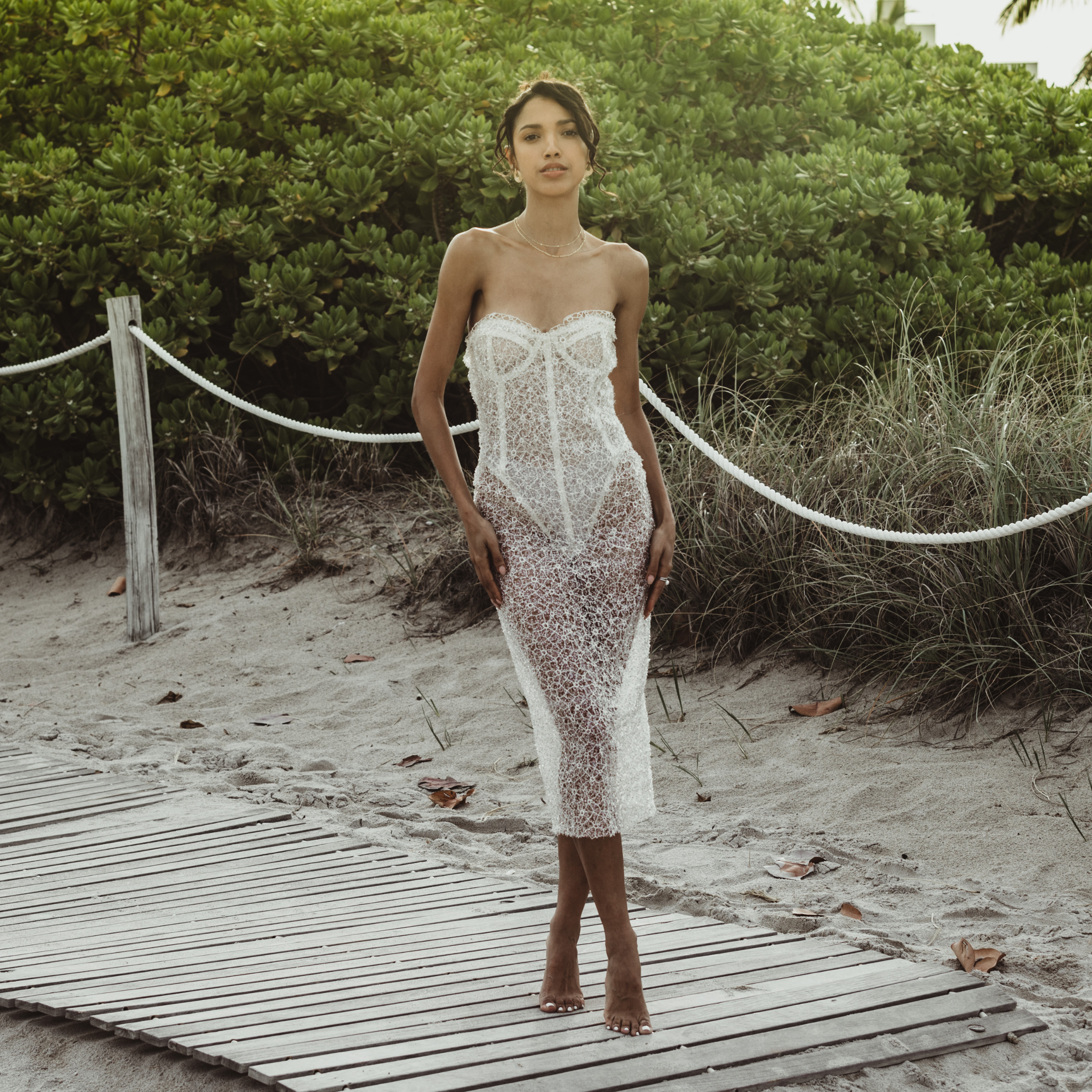 ÉCUME embellished sheer corset midi dress with lace, sequins, and built-in corset bodysuit. Made-to-order in Miami for bridal or evening wear - INAMORE