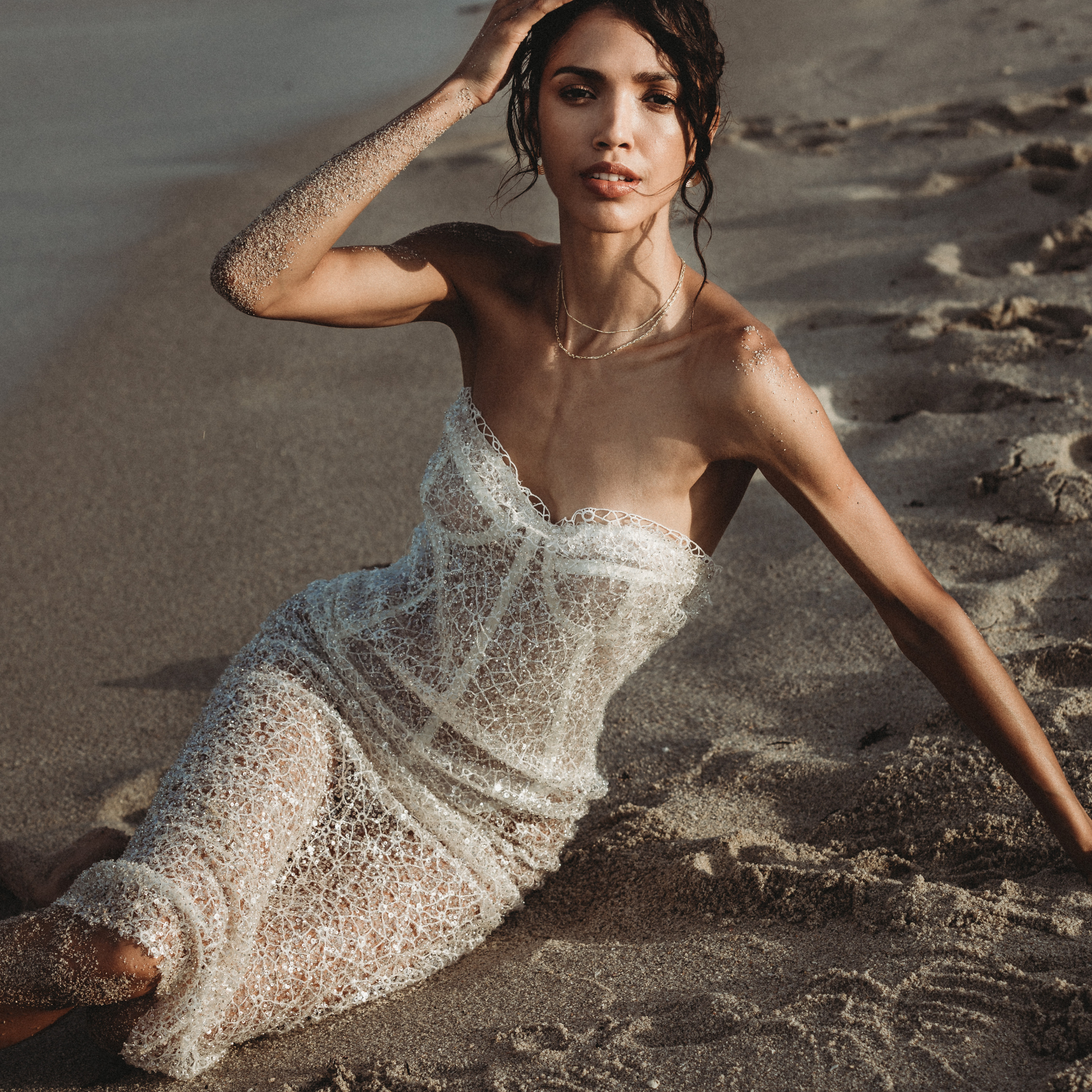 ÉCUME embellished sheer corset midi dress with lace, sequins, and built-in corset bodysuit. Made-to-order in Miami for bridal or evening wear - INAMORE