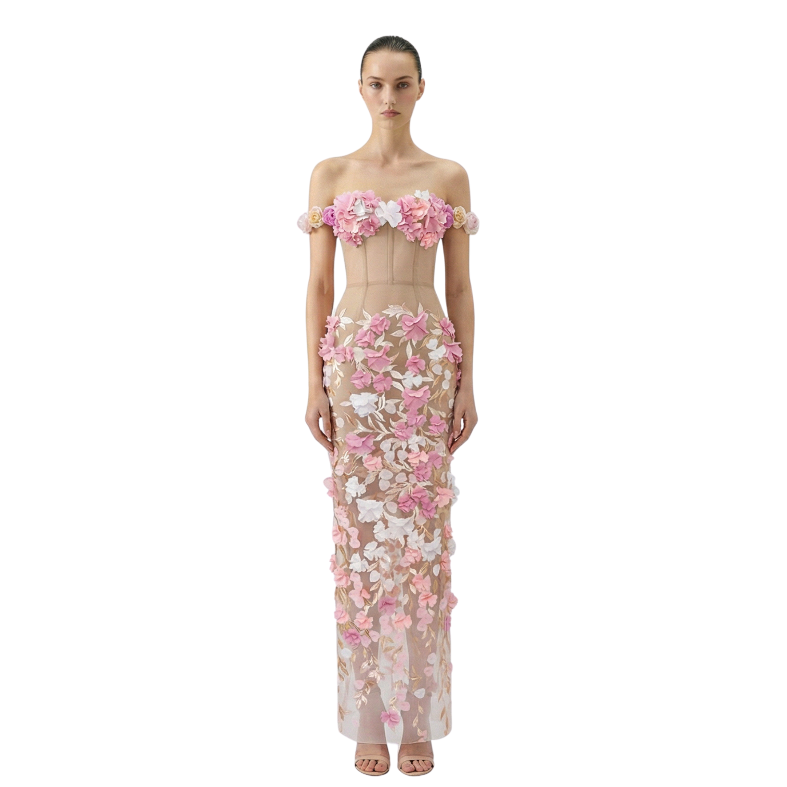 The Bloom sheer corset gown with 3D floral appliqué, nude illusion pink flower dress, made-to-order in Miami