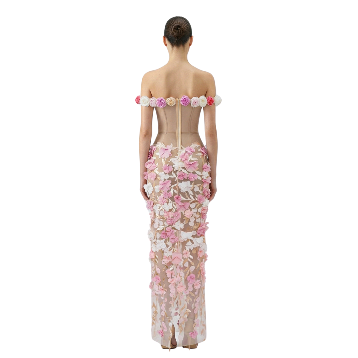 The Bloom sheer corset gown with 3D floral appliqué, nude illusion pink flower dress, made-to-order in Miami