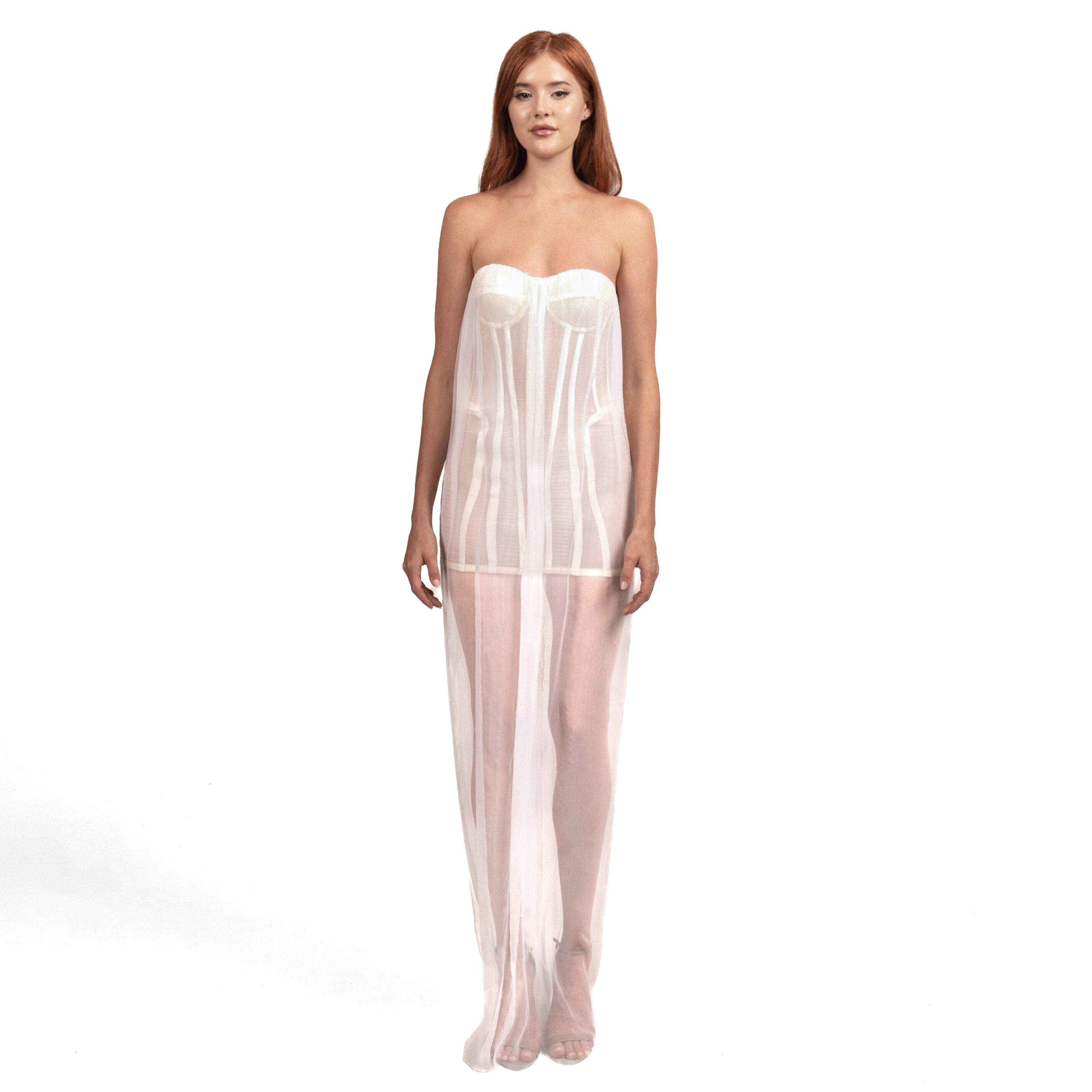 The Divine corset mini dress with ivory silk chiffon and sheer floor-length overlay. Made-to-order in Miami for bridal and special occasions | INAMORE
