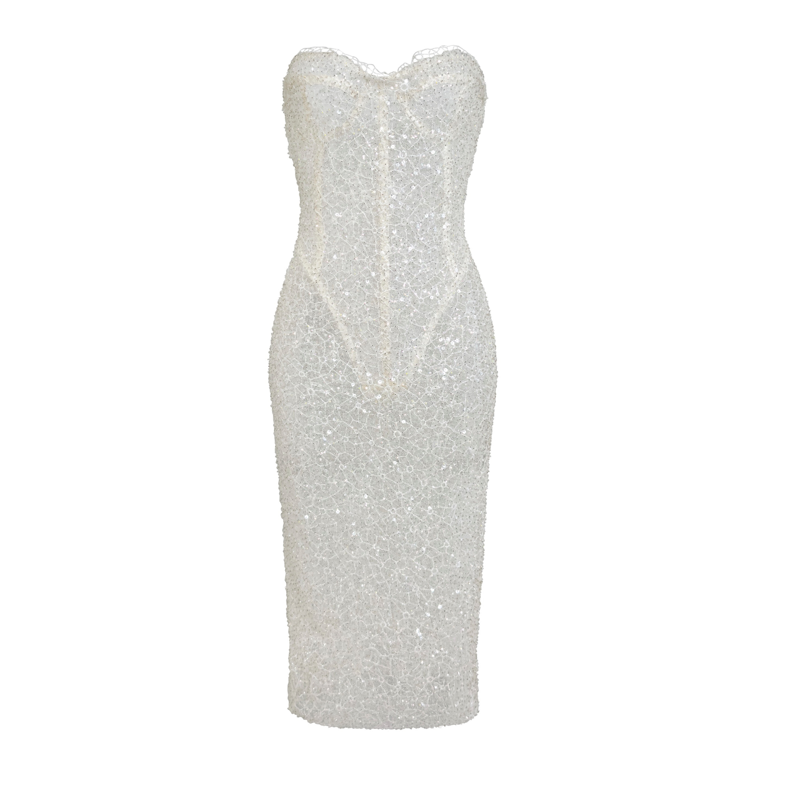 ÉCUME embellished sheer corset midi dress with lace, sequins, and built-in corset bodysuit. Made-to-order in Miami for bridal or evening wear - INAMORE