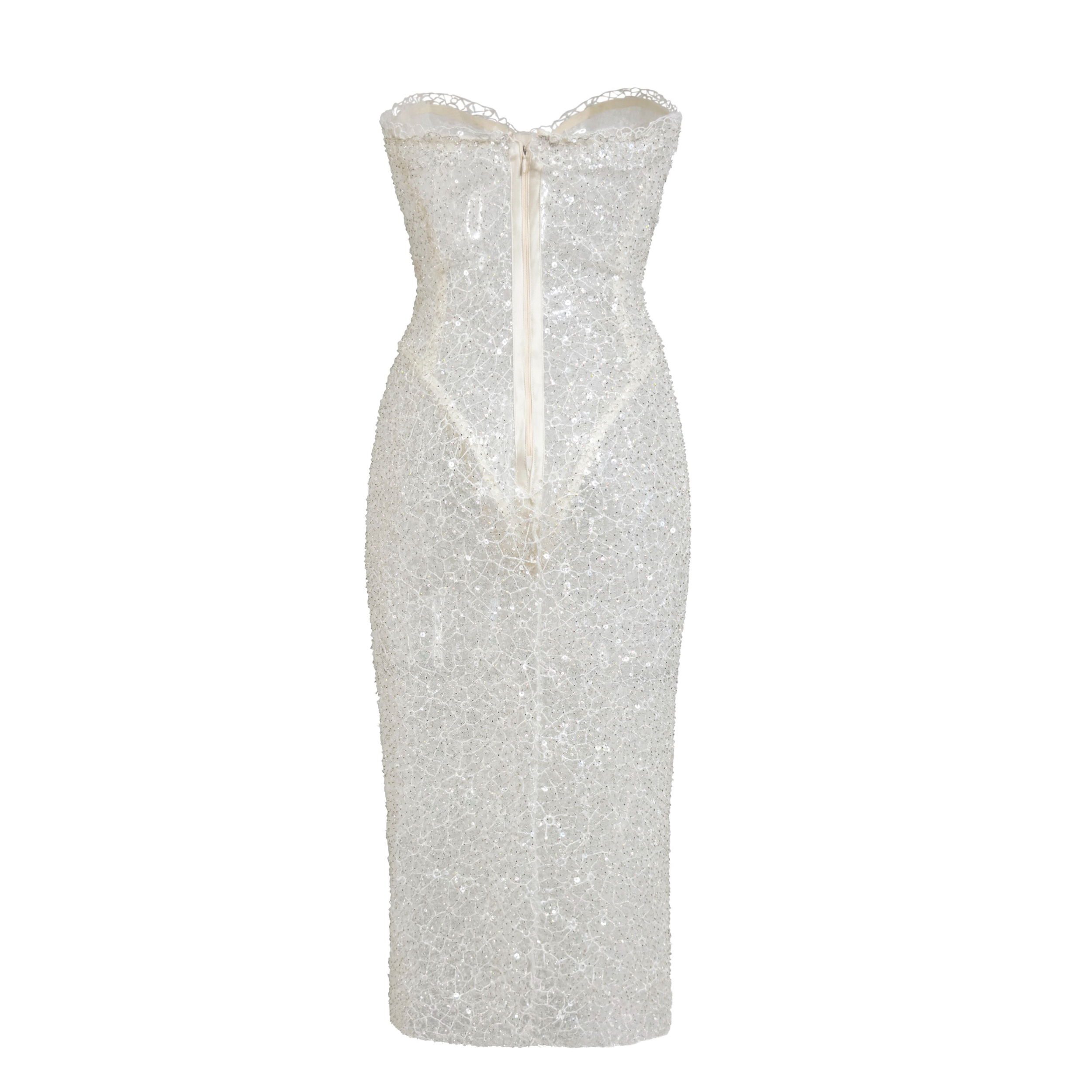 ÉCUME embellished sheer corset midi dress with lace, sequins, and built-in corset bodysuit. Made-to-order in Miami for bridal or evening wear - INAMORE