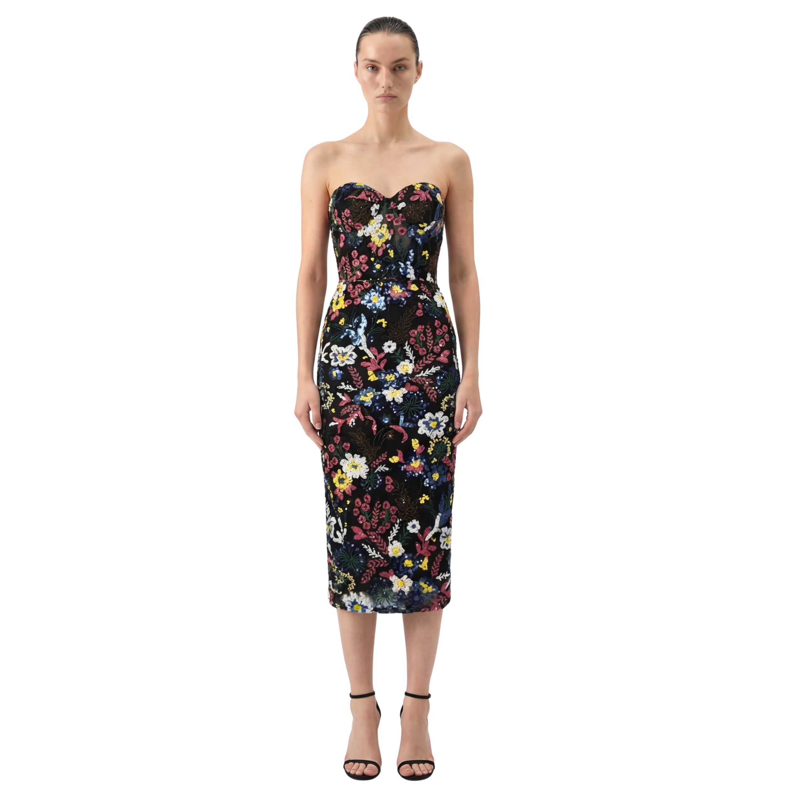 Jardin Noir Strapless Floral Sequin Corset Midi Dress - INAMORE