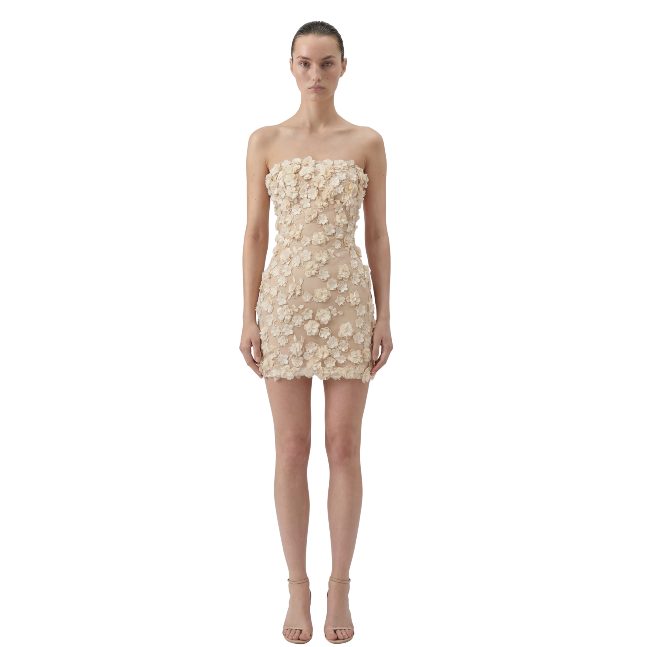 Solenne 3D Flower Applique Strapless Mini Dress - INAMORE