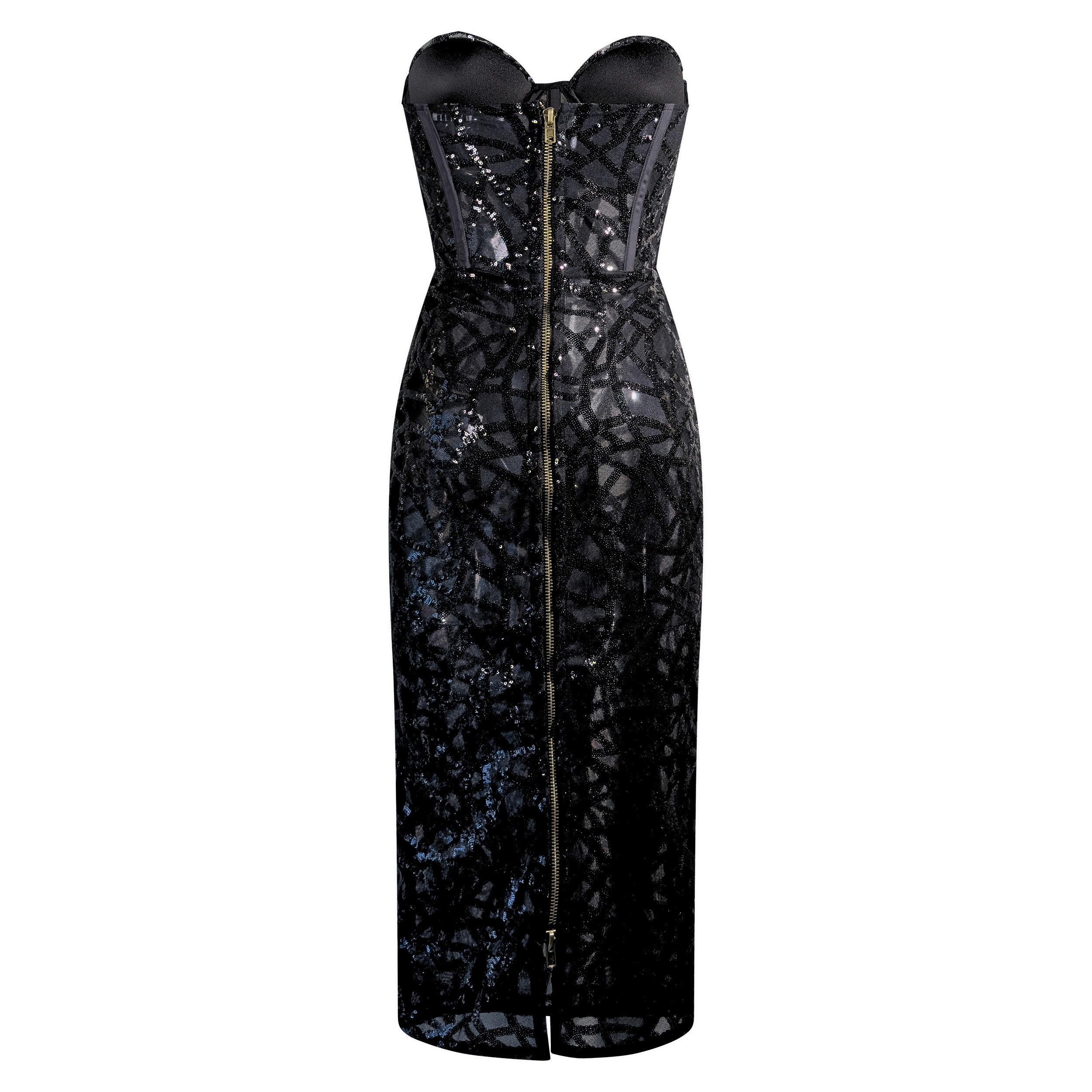 Allure Sheer Embellished Corset Midi Dress - INAMORE