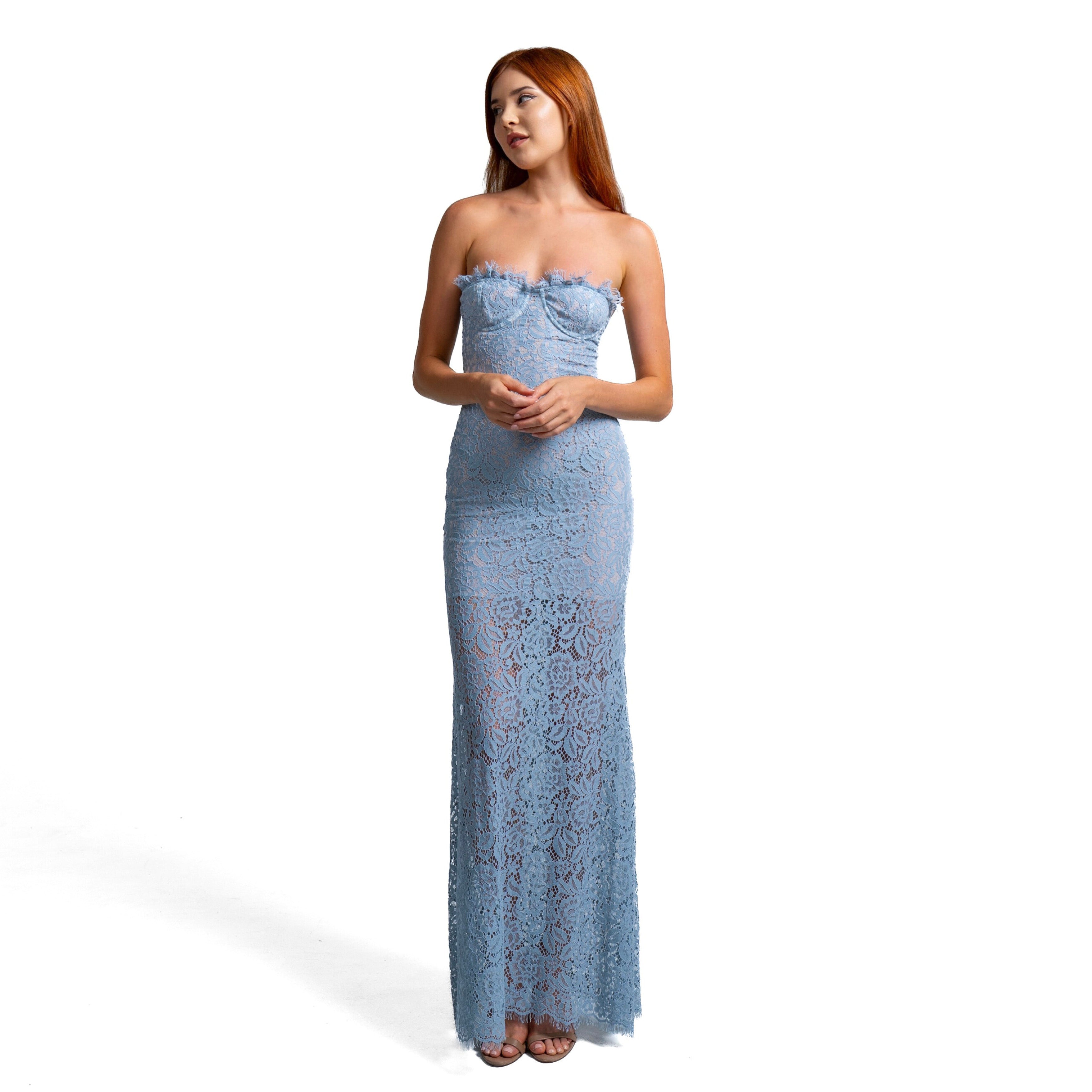 Belle Floral Lace Strapless Long Dress - INAMORE