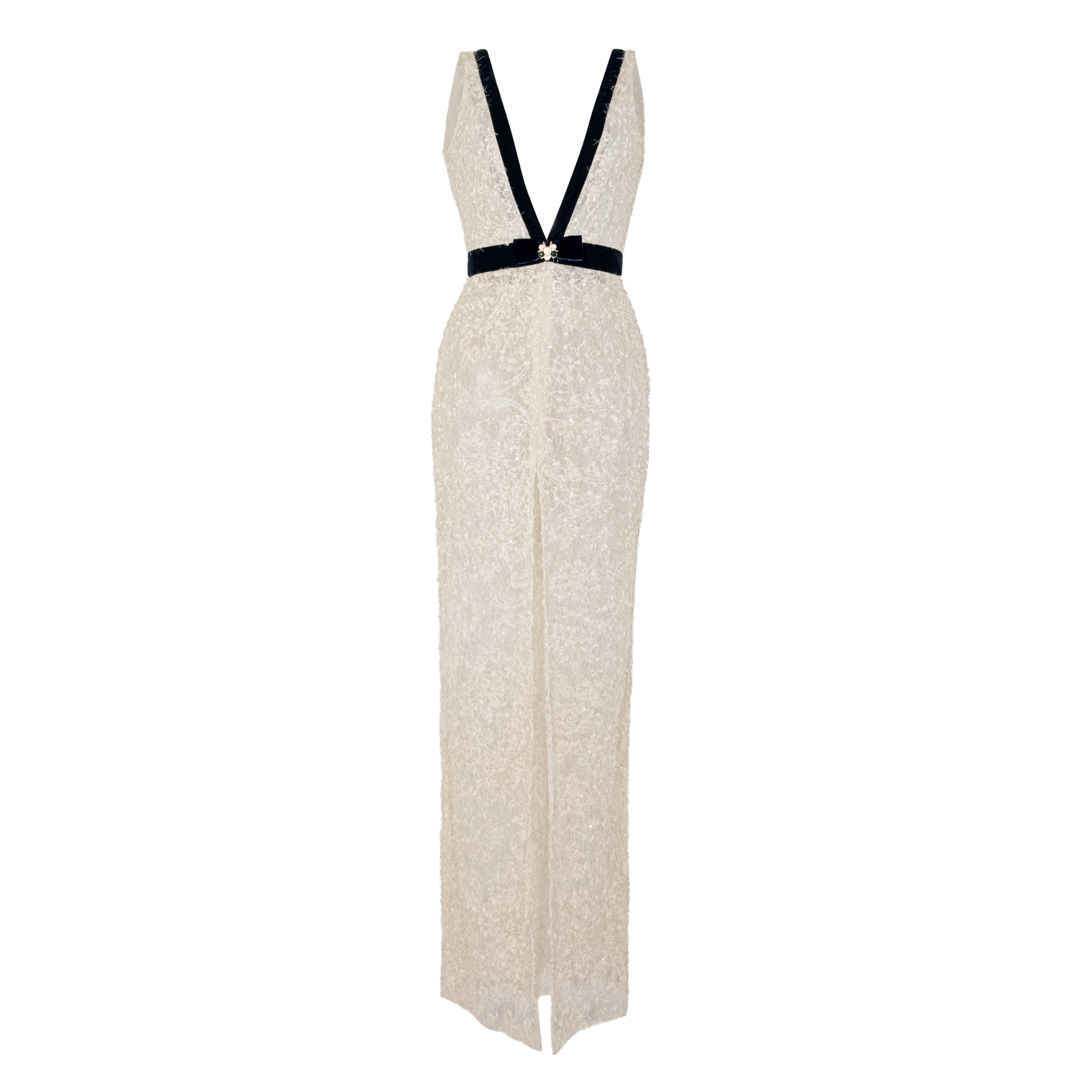 Fleur de Grace Gown – ivory lace plunge evening gown with velvet bow waist