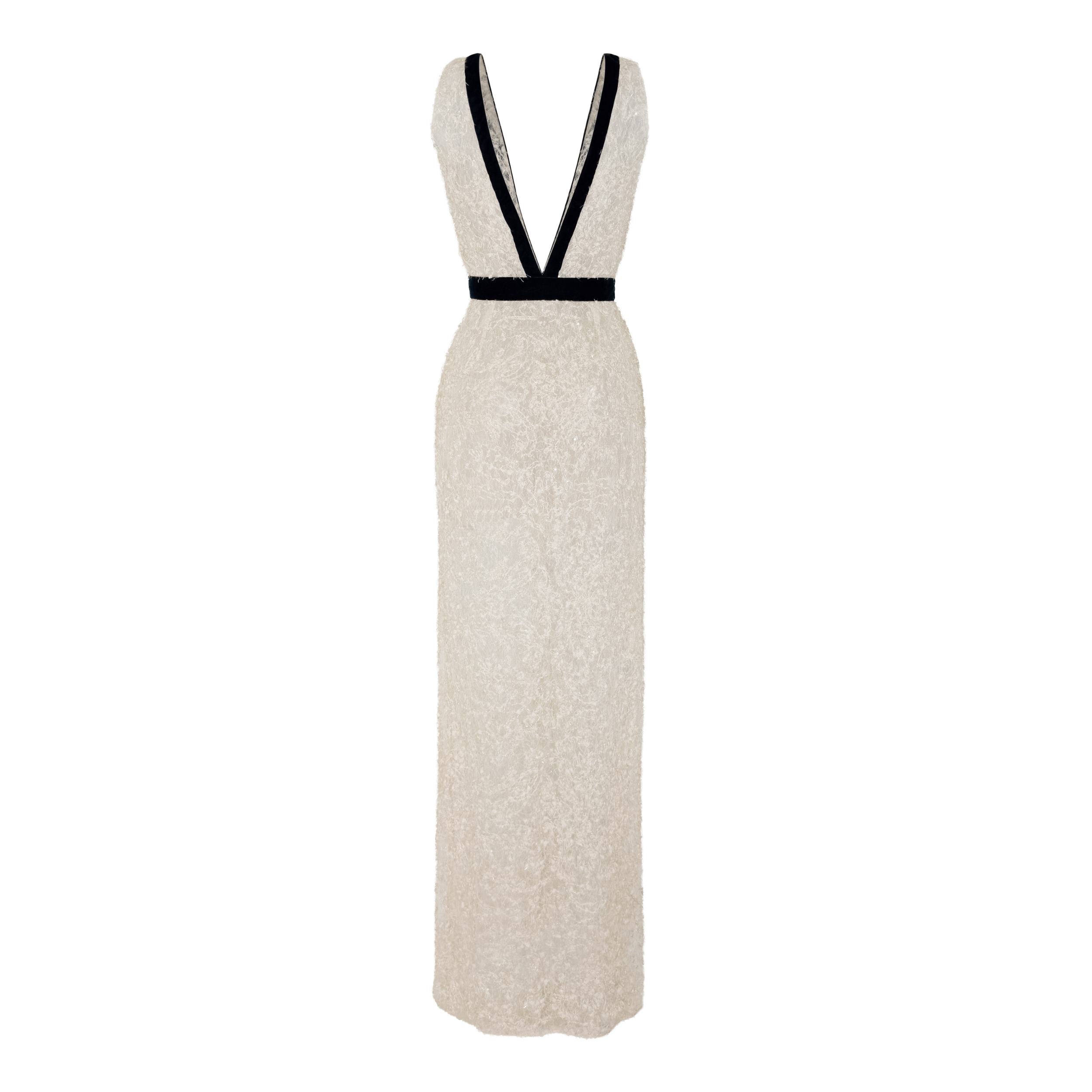 Ivory lace gown with nude mesh lining and jeweled velvet waistband