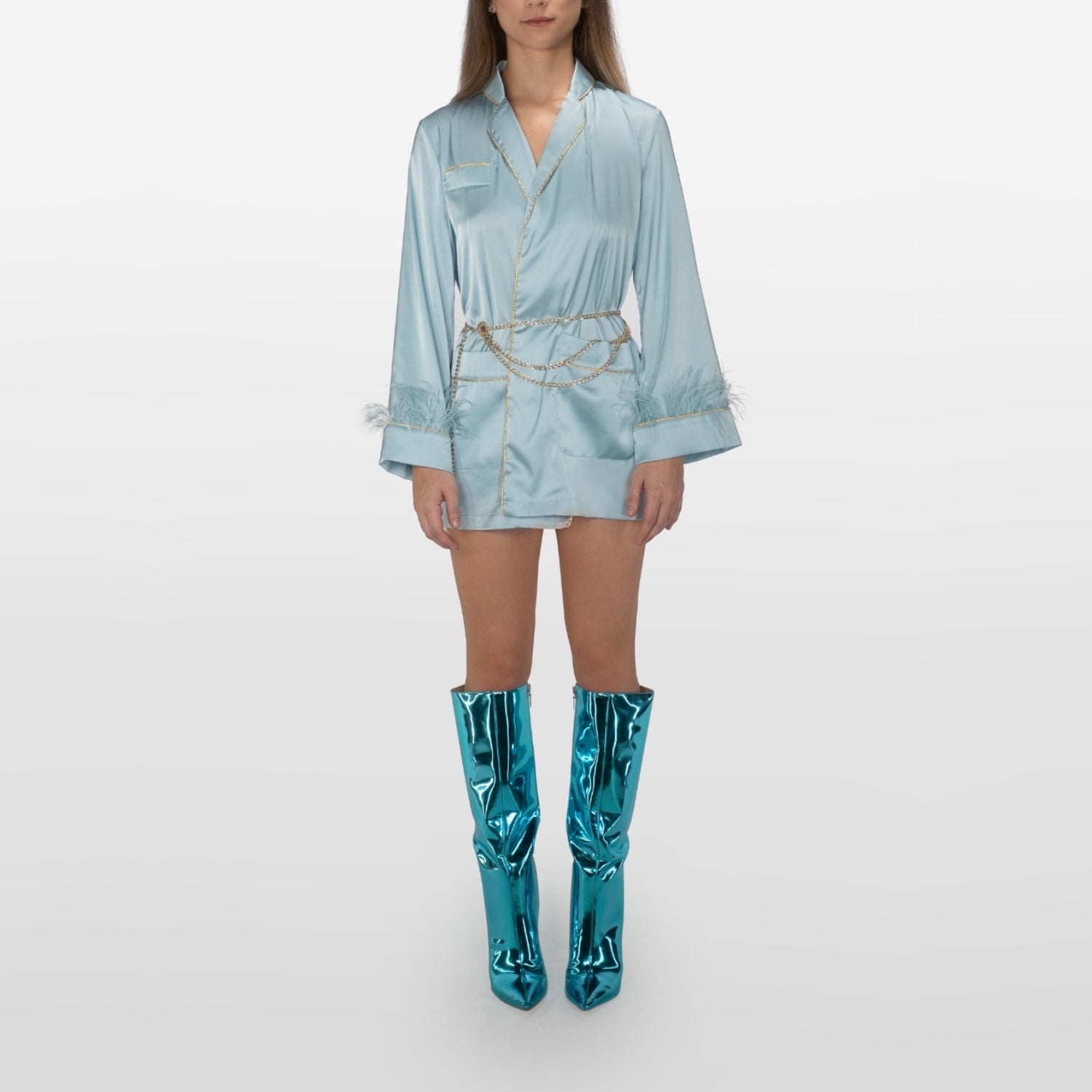 Belize Satin Robe with Feathers - INAMORE