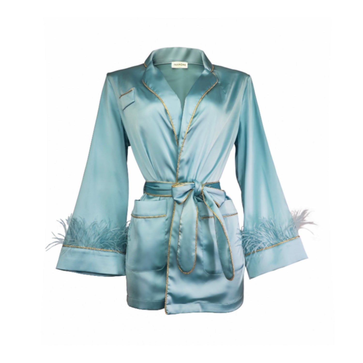 Belize Satin Robe with Feathers - INAMORE