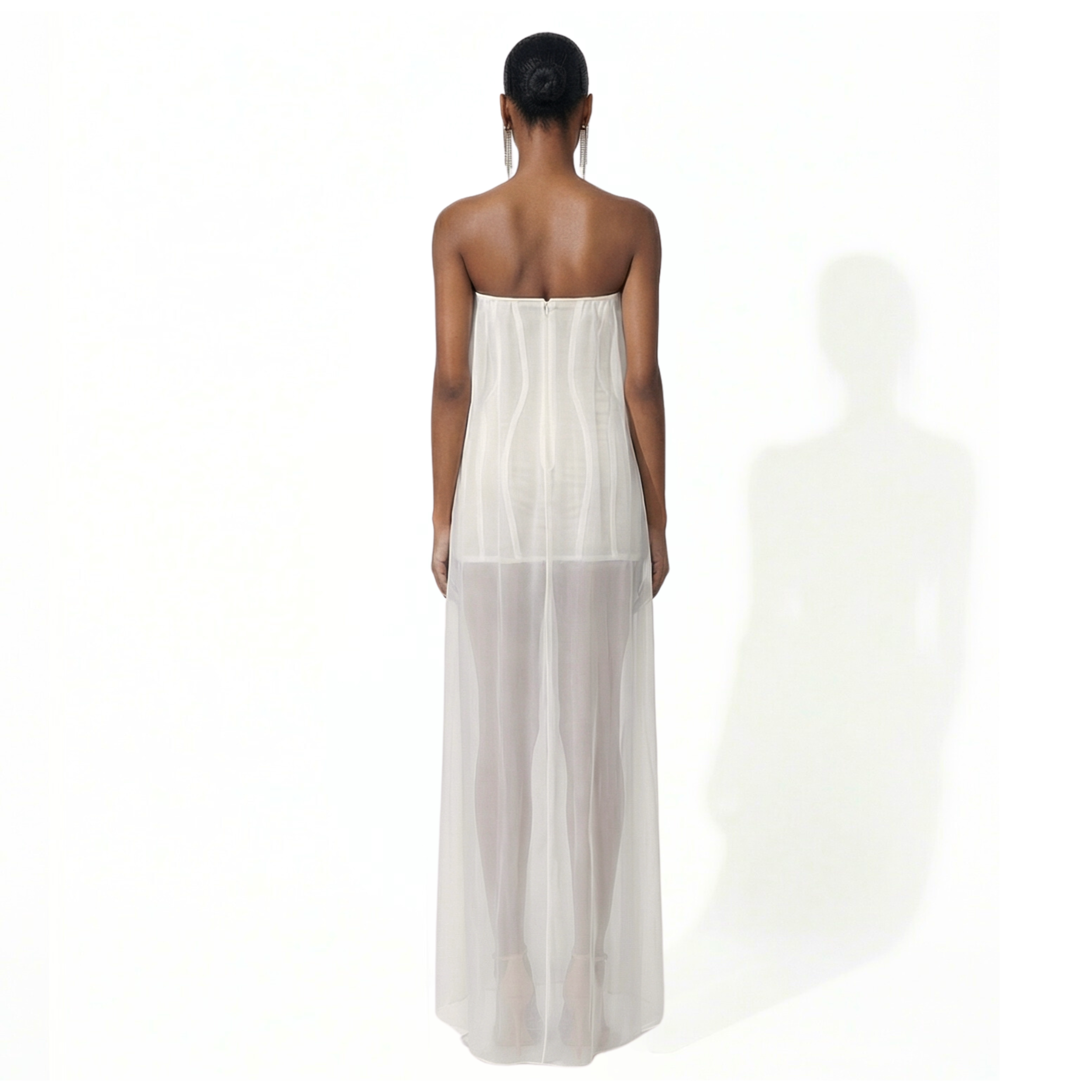 The Divine corset mini dress with ivory silk chiffon and sheer floor-length overlay. Made-to-order in Miami for bridal and special occasions | INAMORE