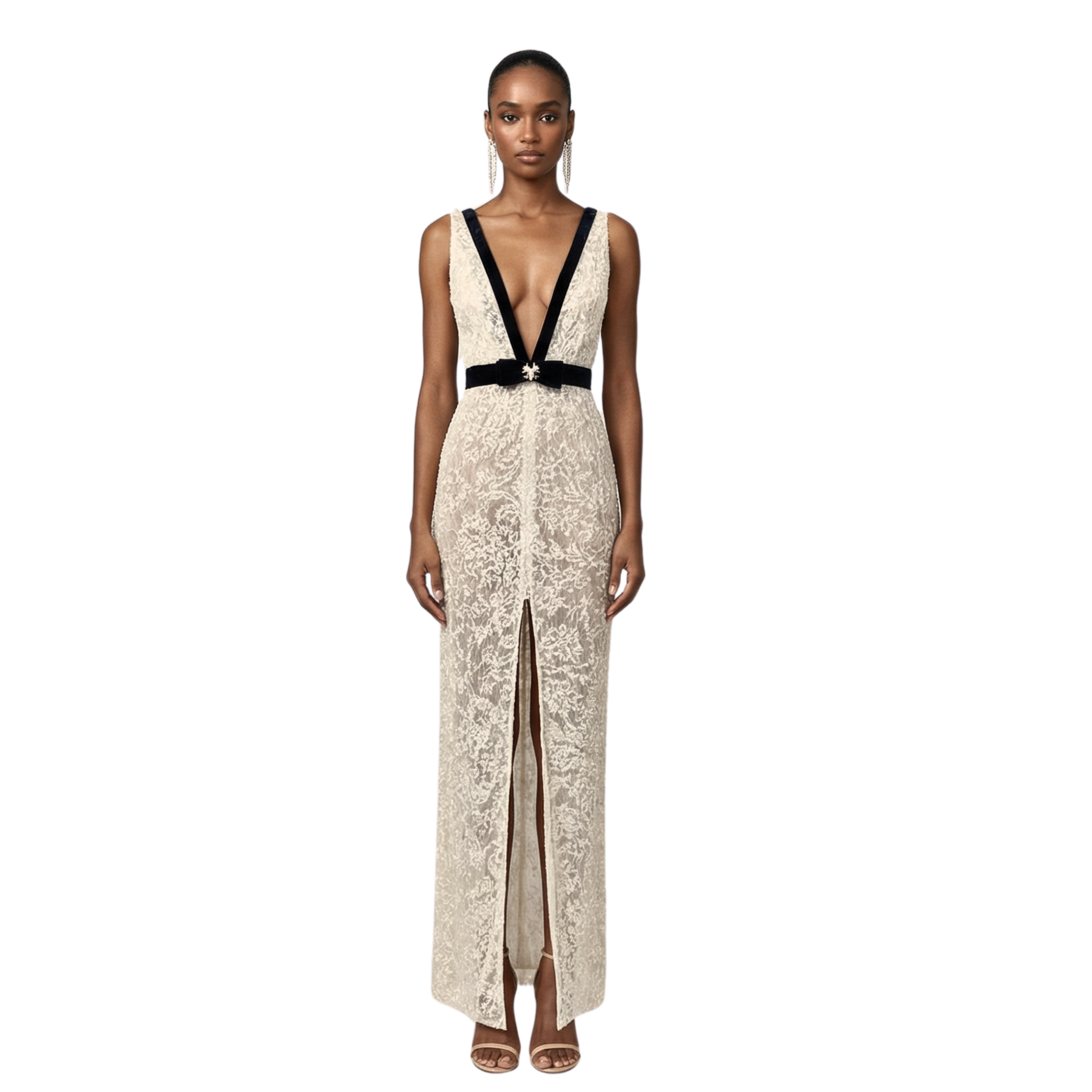 Fleur de Grace Gown – ivory lace plunge evening gown with velvet bow waist - INAMORE