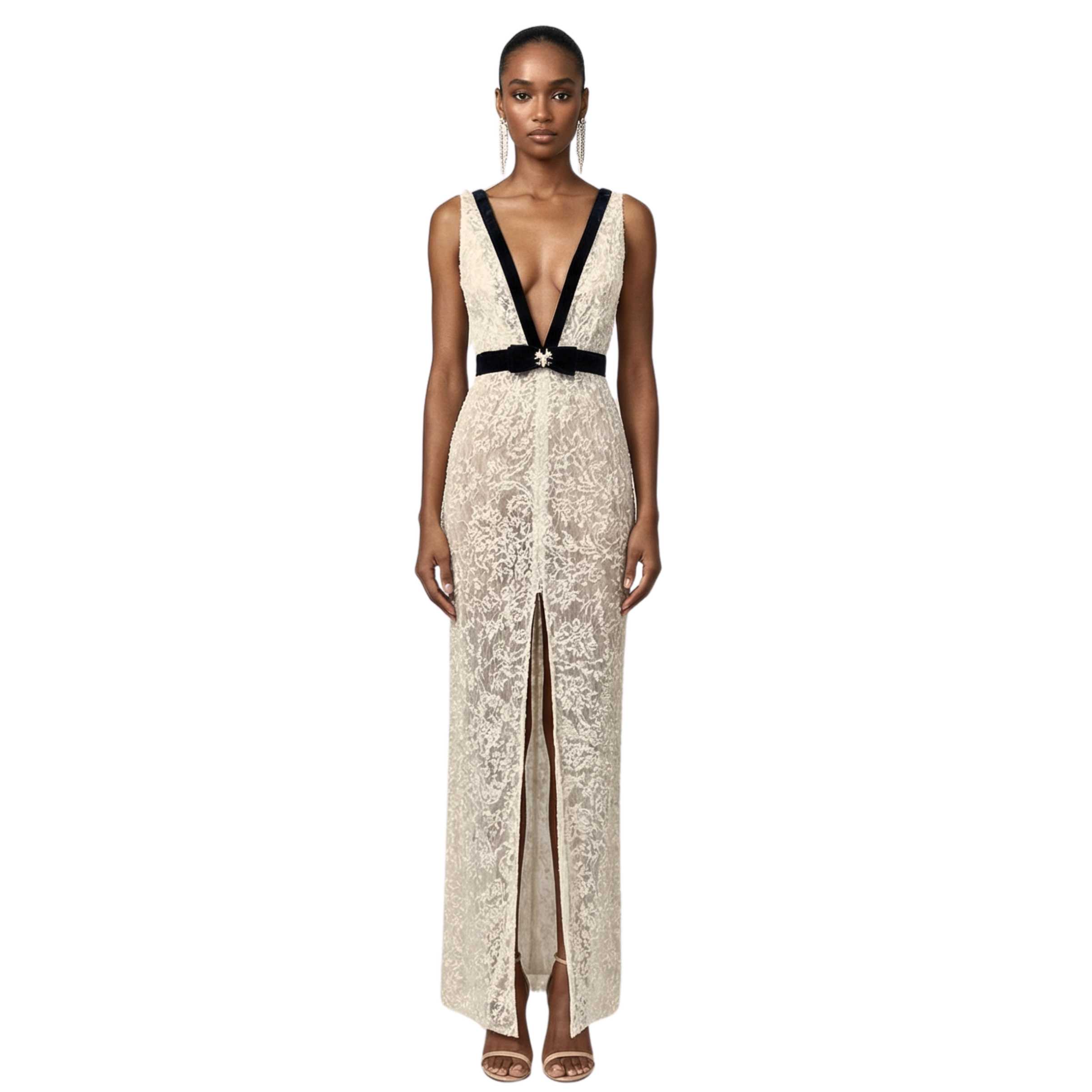 Fleur de Grace Gown – ivory lace plunge evening gown with velvet bow waist - INAMORE