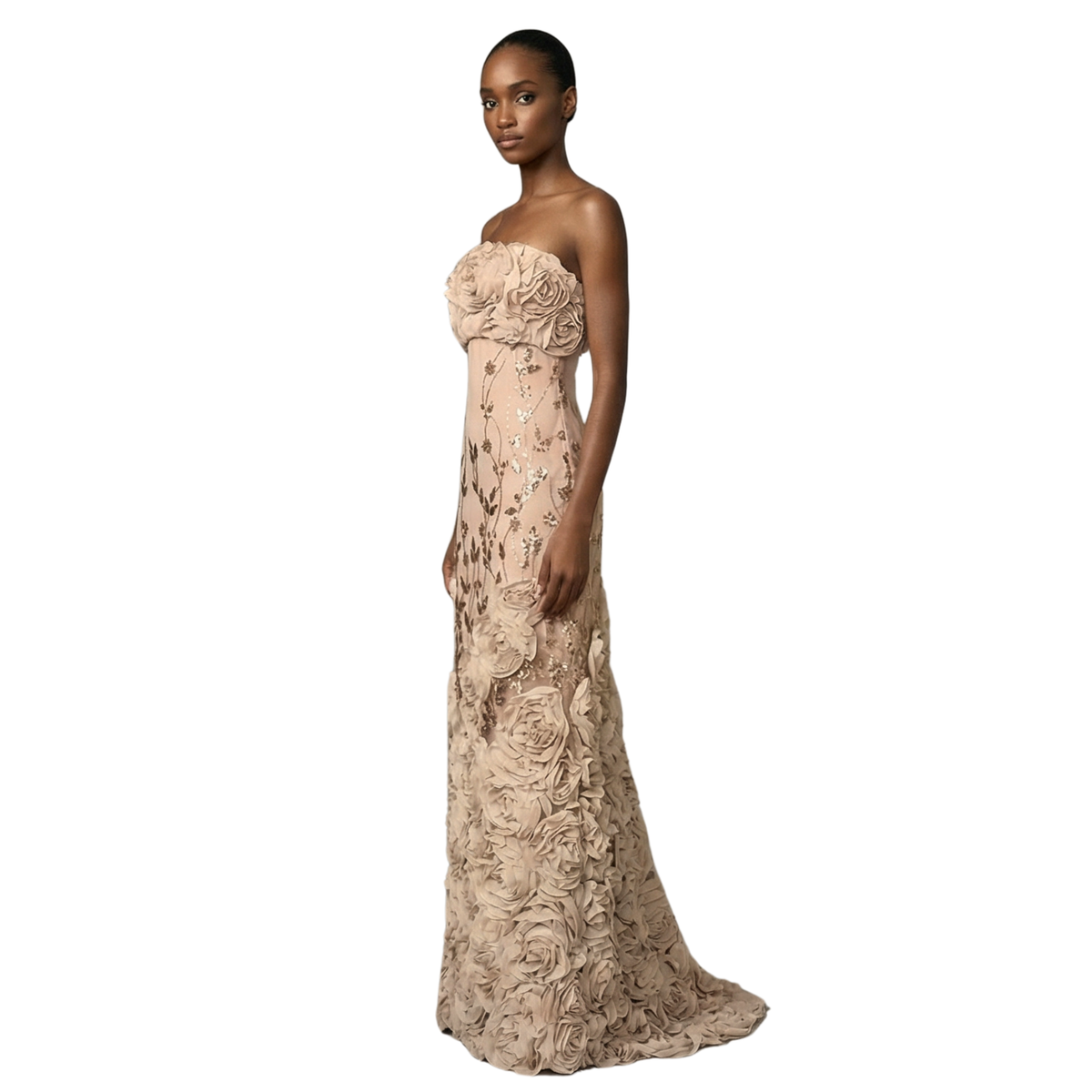 Fleur du Champagne strapless champagne gown with floral embroidery and rosettes | INAMORE