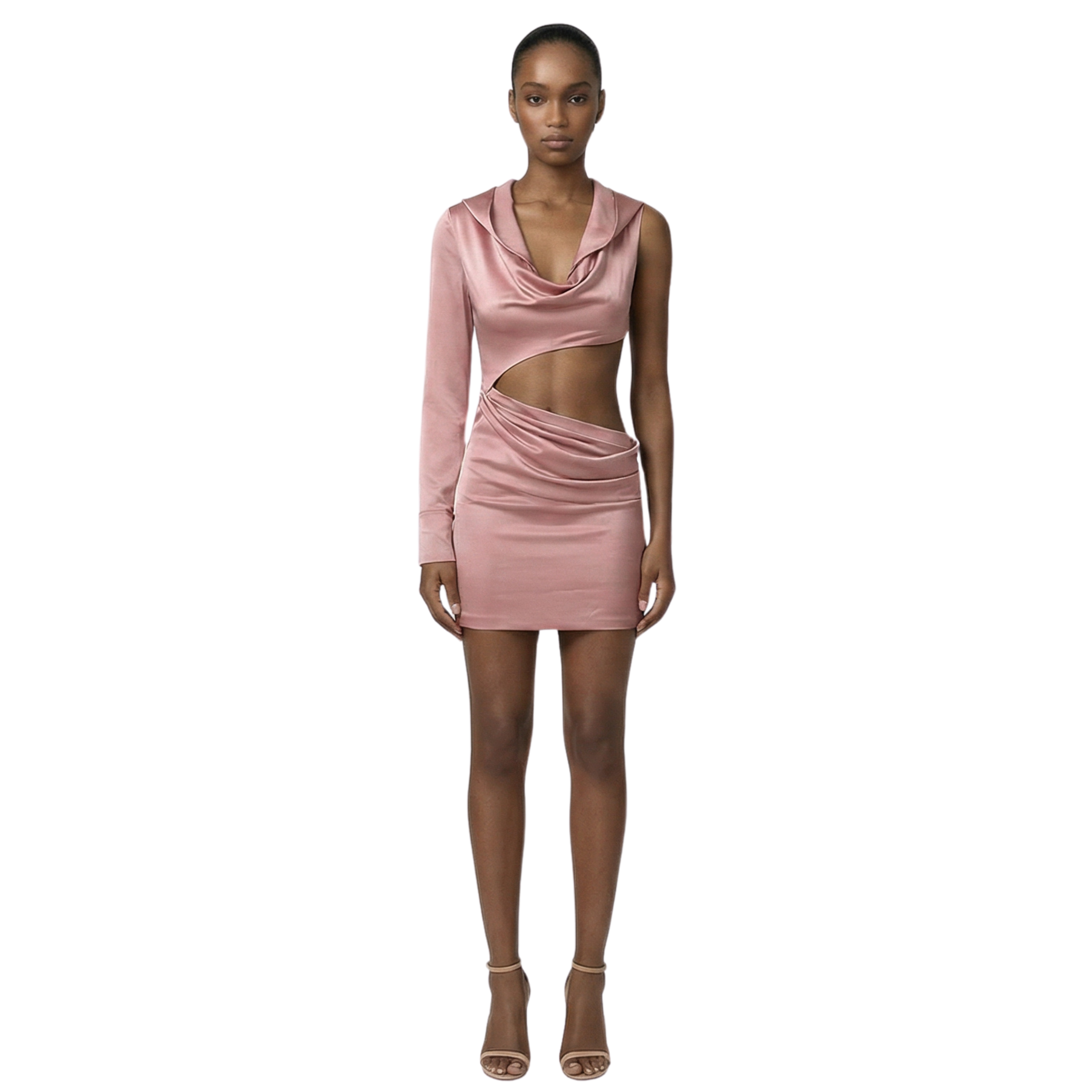Front view - peach satin Amore Cutout Hooded Dress by INAMORE, fitted silhouette with hood and subtle drape.