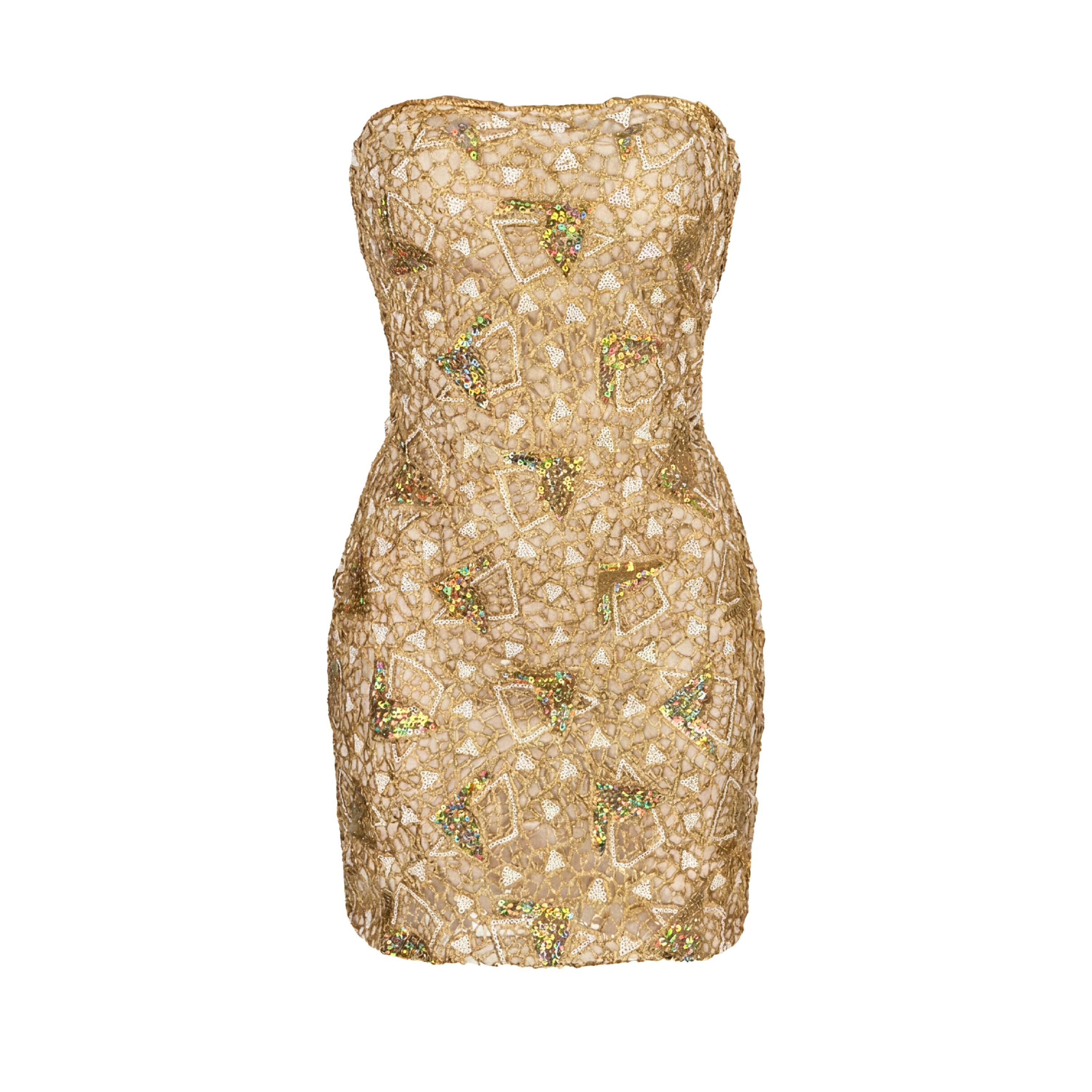 Gold strapless mini dress with payette sequins embellishment