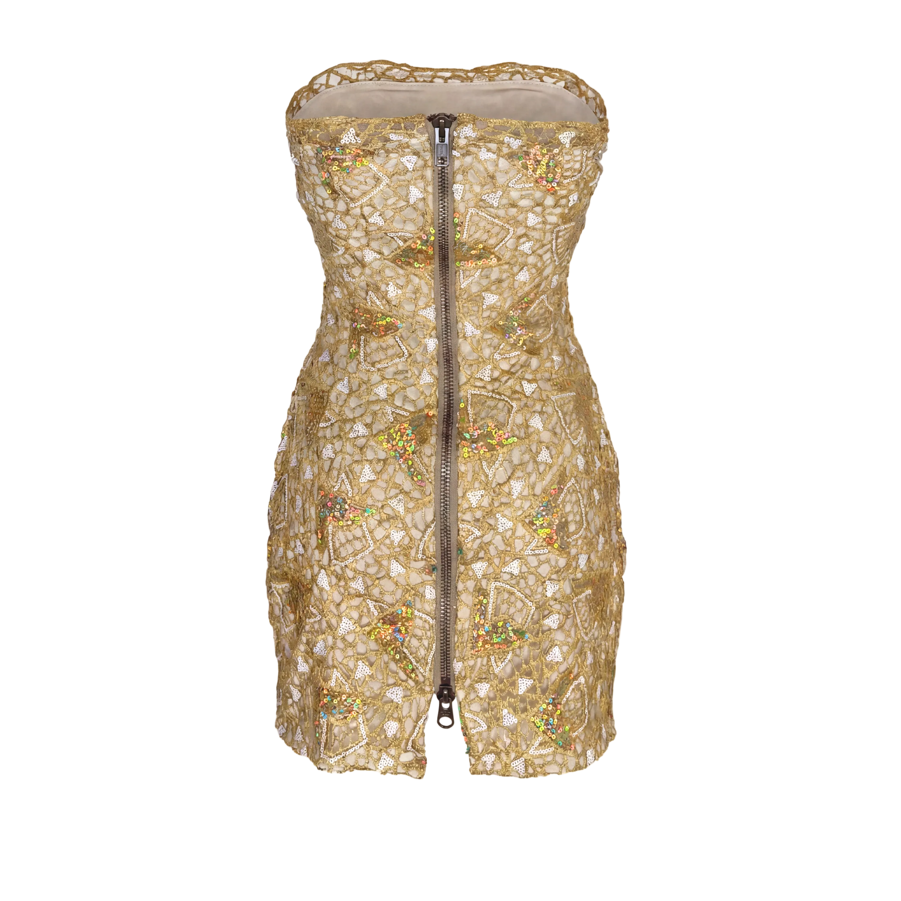 Gold guipure lace strapless mini dress with geometric sequins and payette embellishment