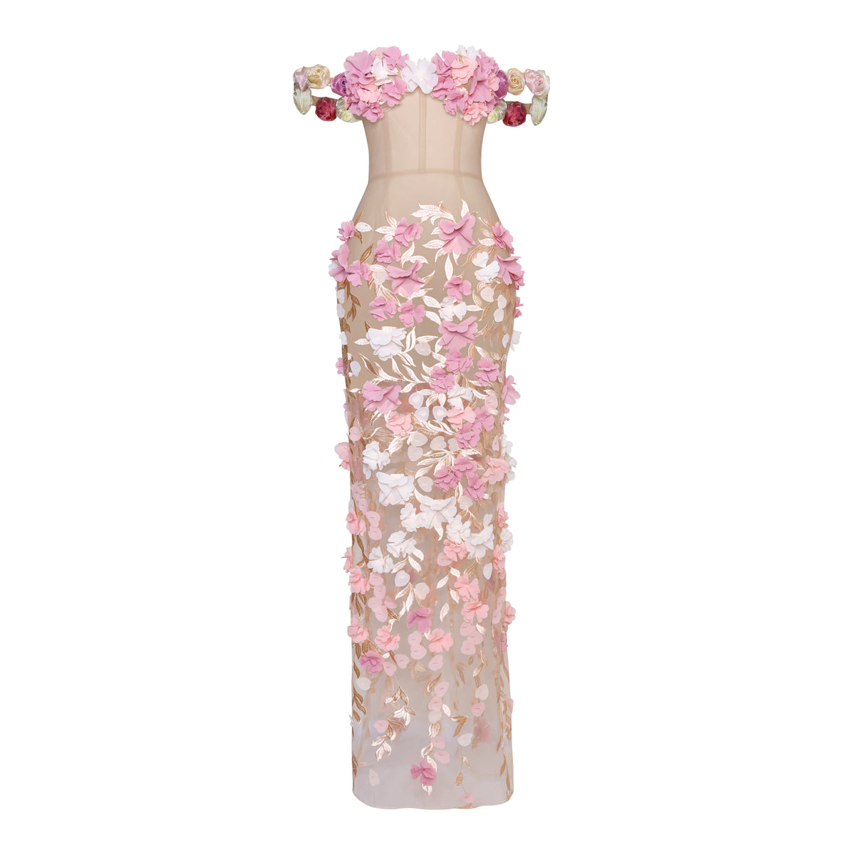 The Bloom sheer corset gown with 3D floral appliqué, nude illusion pink flower dress, made-to-order in Miami