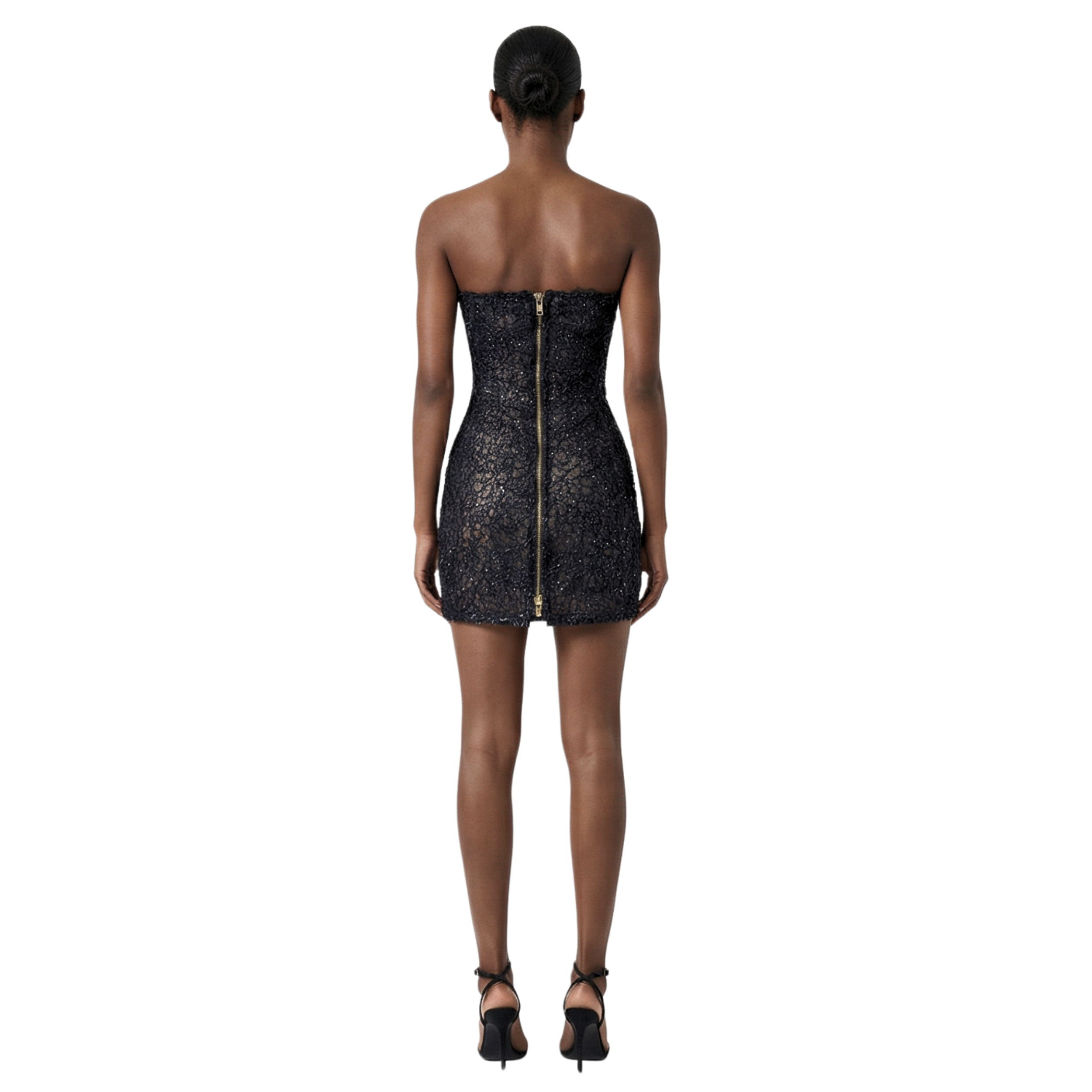 The Candy sheer guipure lace strapless mini dress with glitter accents, INAMORE body-forming cut, and full back zipper. Made-to-order in Miami for cocktail parties and night-out occasions.