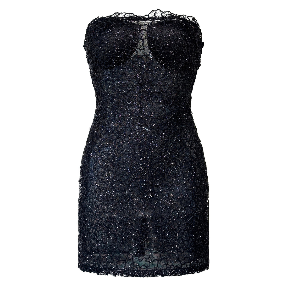 The Candy sheer guipure lace strapless mini dress with glitter accents, INAMORE body-forming cut, and full back zipper. Made-to-order in Miami for cocktail parties and night-out occasions.