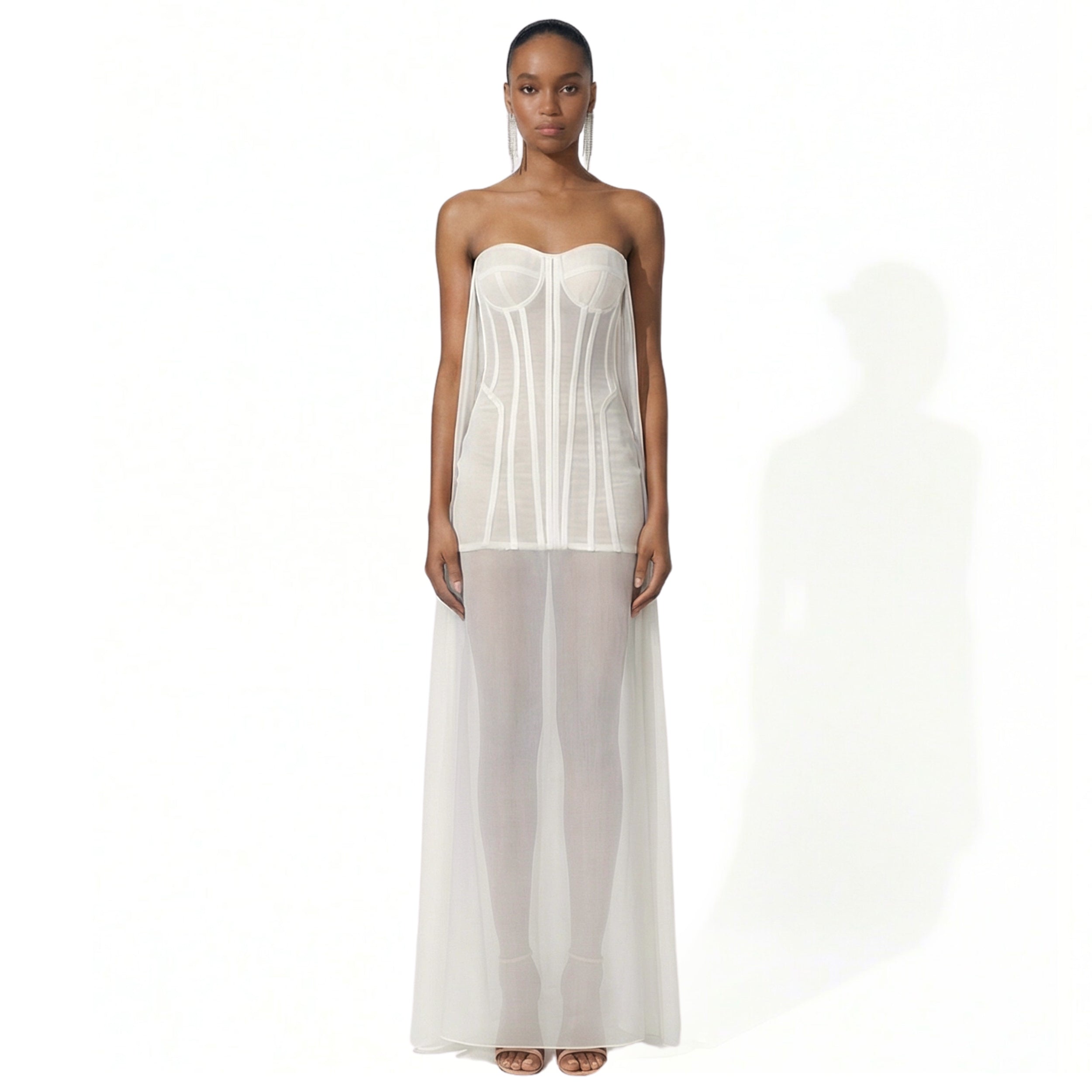 The Divine corset mini dress with ivory silk chiffon and sheer floor-length overlay. Made-to-order in Miami for bridal and special occasions | INAMORE