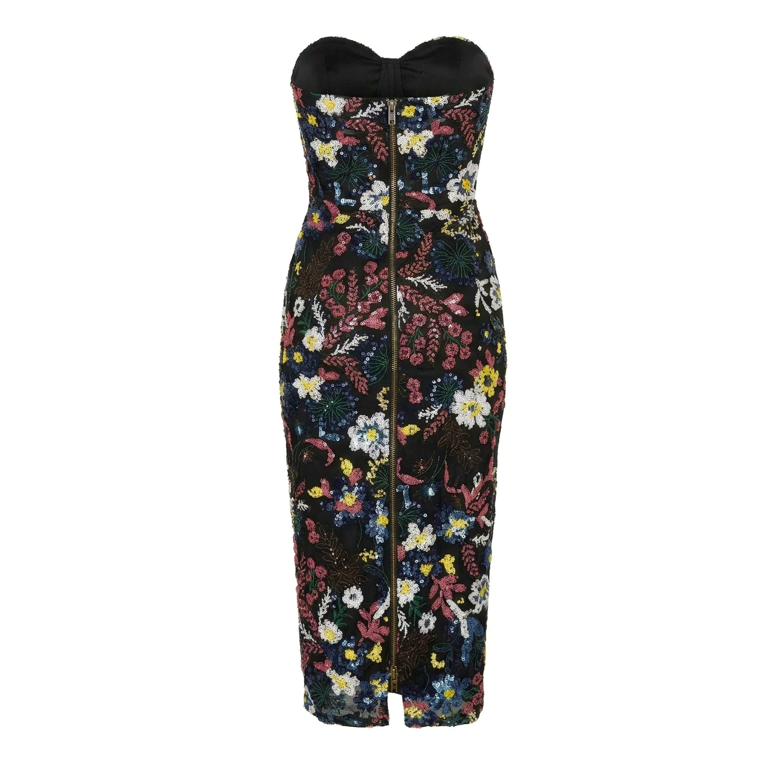 Jardin Noir Strapless Floral Sequin Corset Midi Dress - INAMORE 