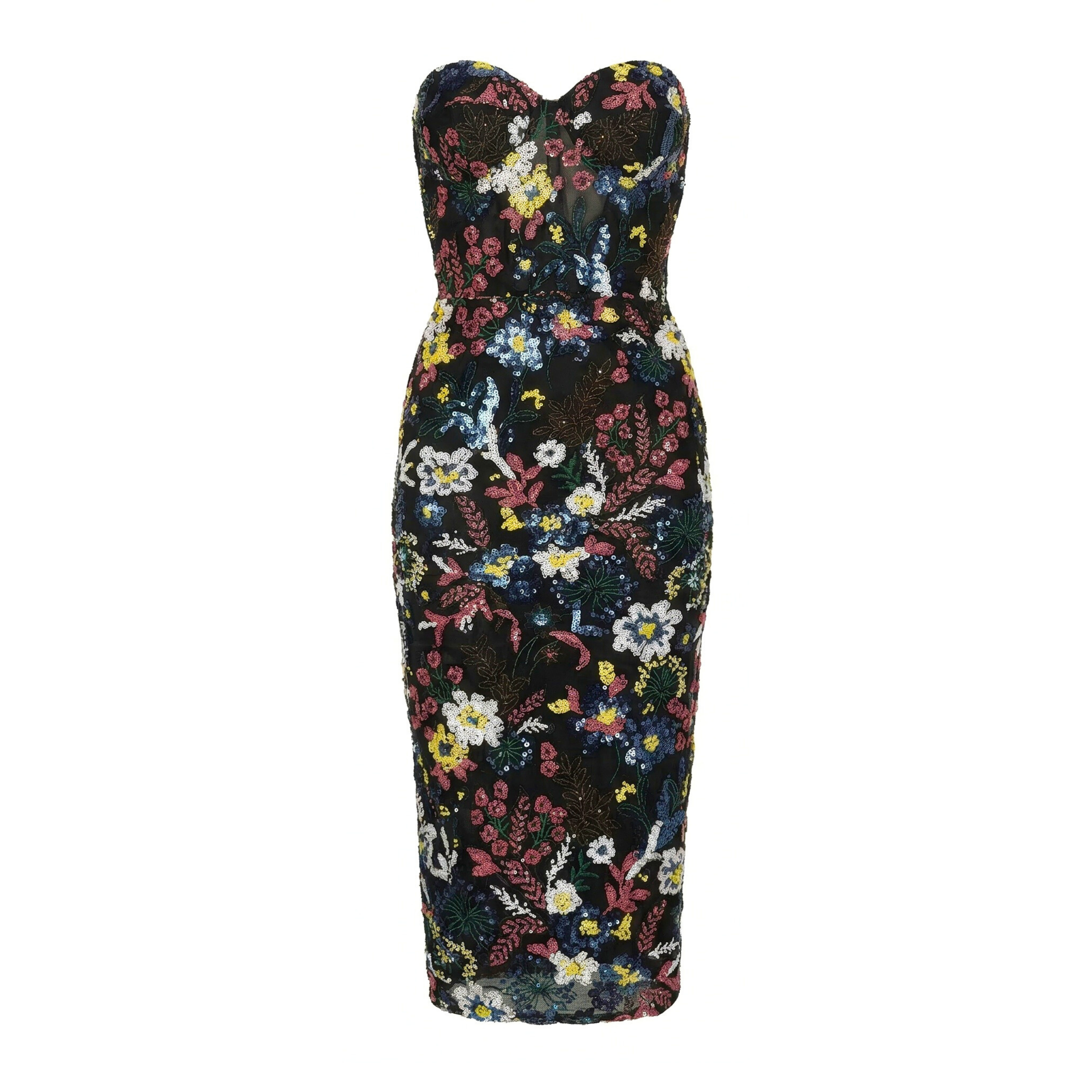 Jardin Noir Strapless Floral Sequin Corset Midi Dress - INAMORE 