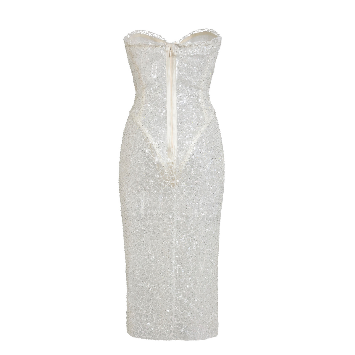 ÉCUME embellished sheer corset midi dress with lace, sequins, and built-in corset bodysuit. Made-to-order in Miami for bridal or evening wear - INAMORE
